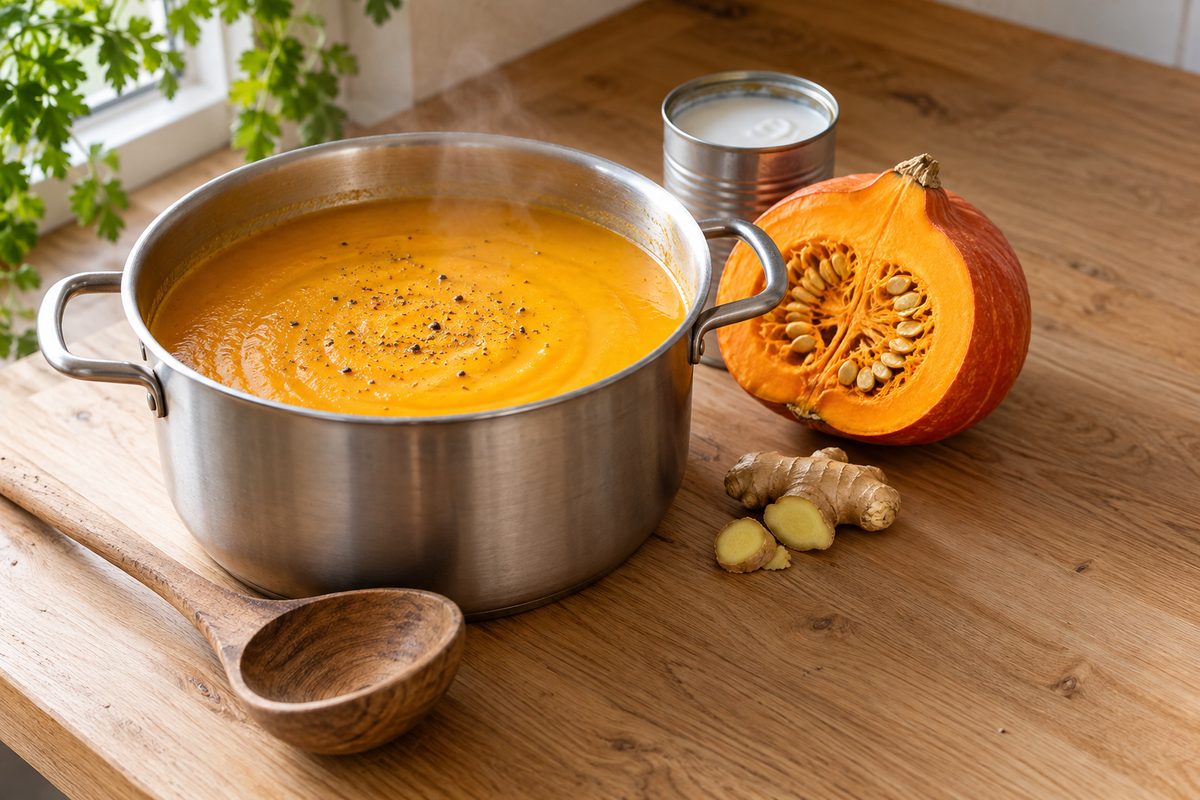 Kürbissuppe mit Kokosmilch und Ingwer im Kochtopf neben Hokkaido