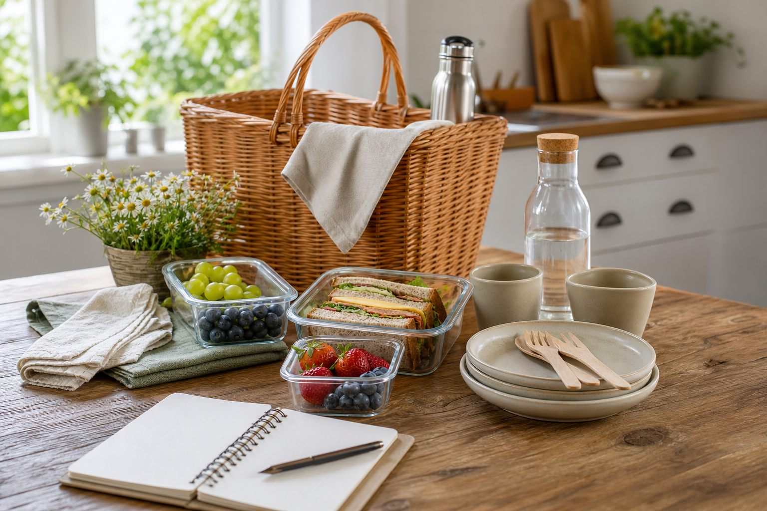 Sommerpicknick vorbereiten mit Geschirr, Snacks und Checkliste