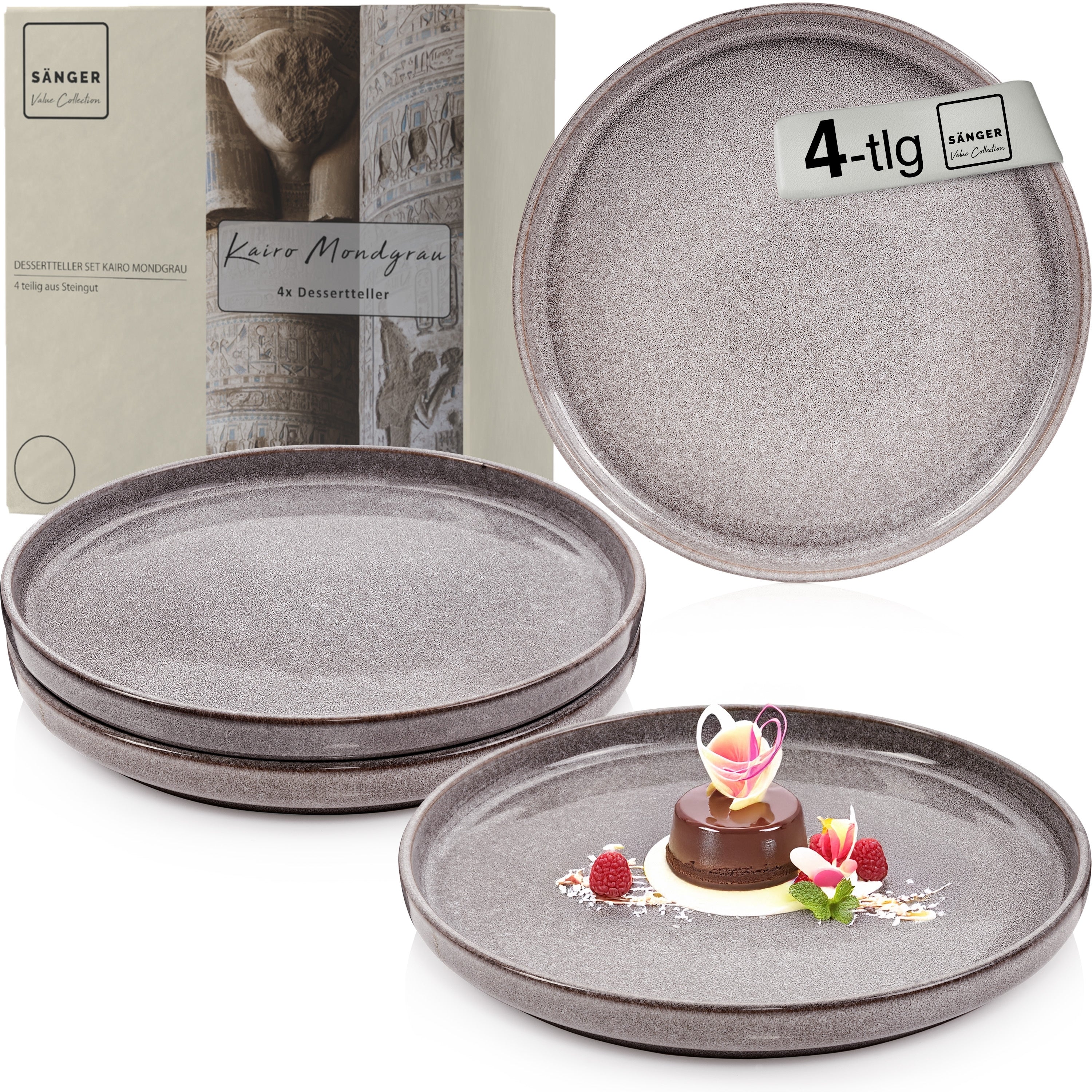 SÄNGER Dessertteller Set Kairo Mondgrau - 4 teilig aus Steingut