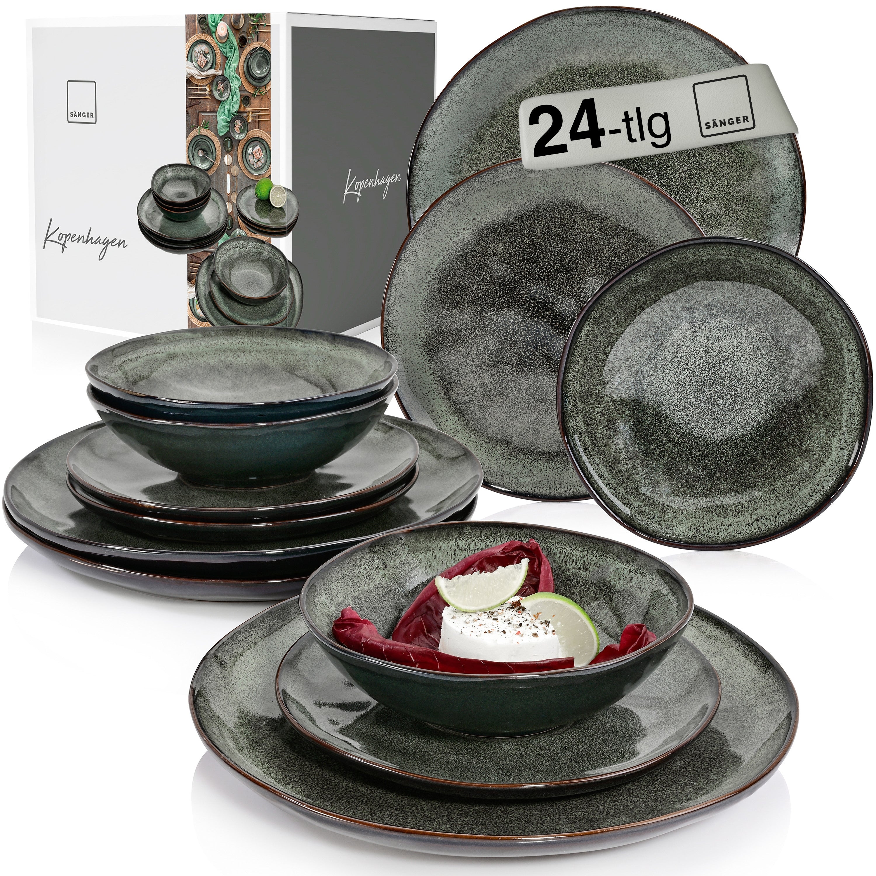 SÄNGER Steingut Geschirrset Kopenhagen, Tafelservice 24 teilig für 8 Personen