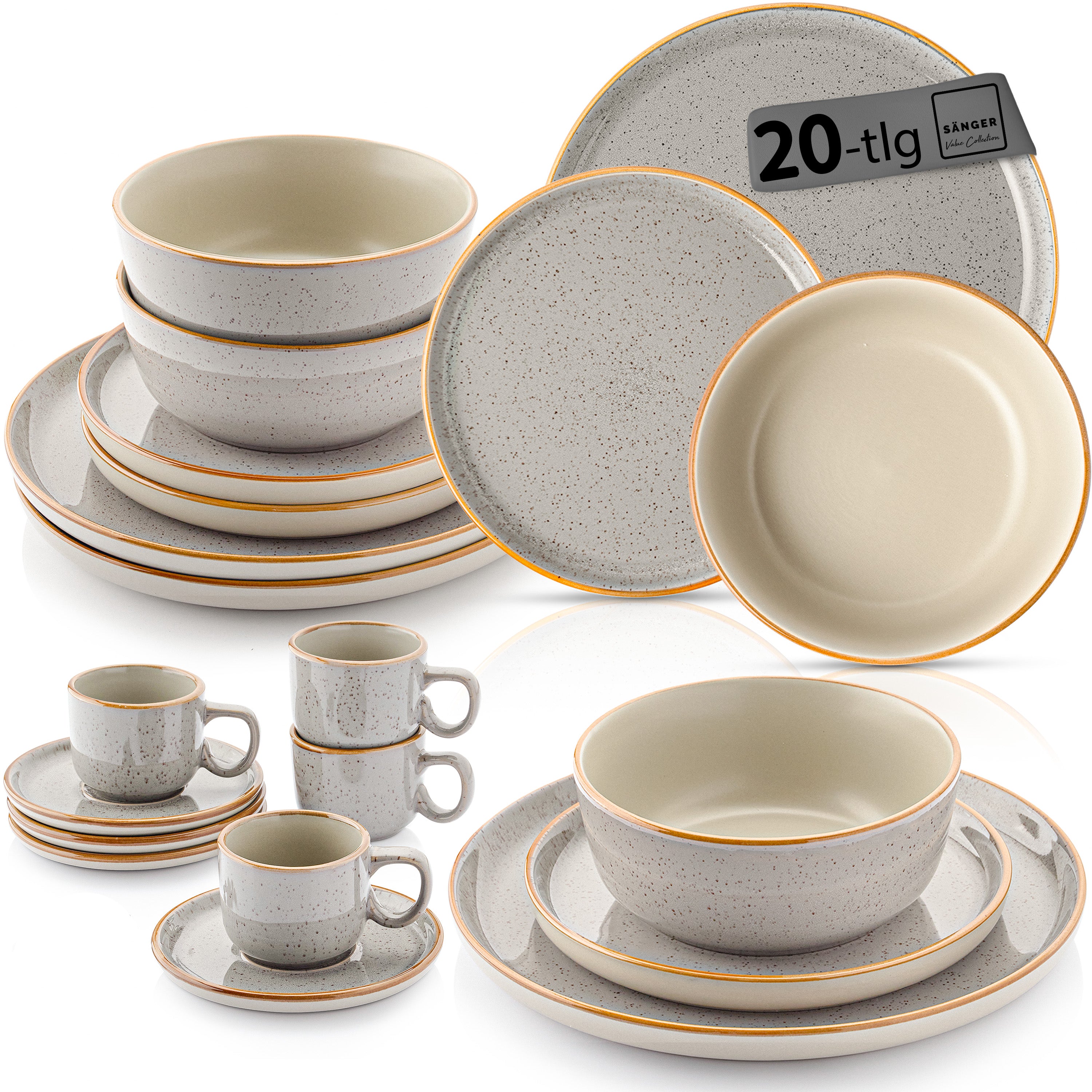 SÄNGER Steingut Geschirrset Rio Perlgrau, Kombiservice 20 teilig für 4 Personen mit Espressotassen