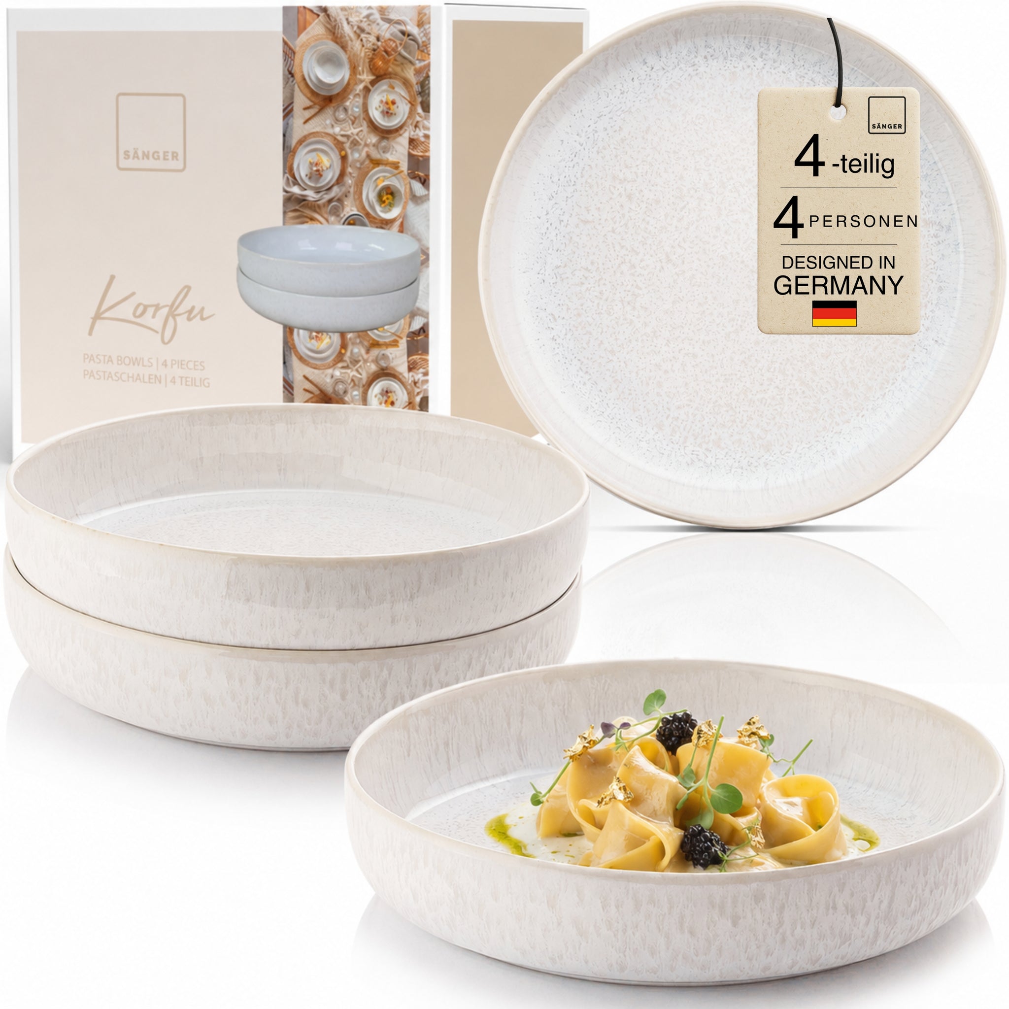 SÄNGER Pastaschalen Set Korfu 4 teilig aus cremefarbenem Steingut