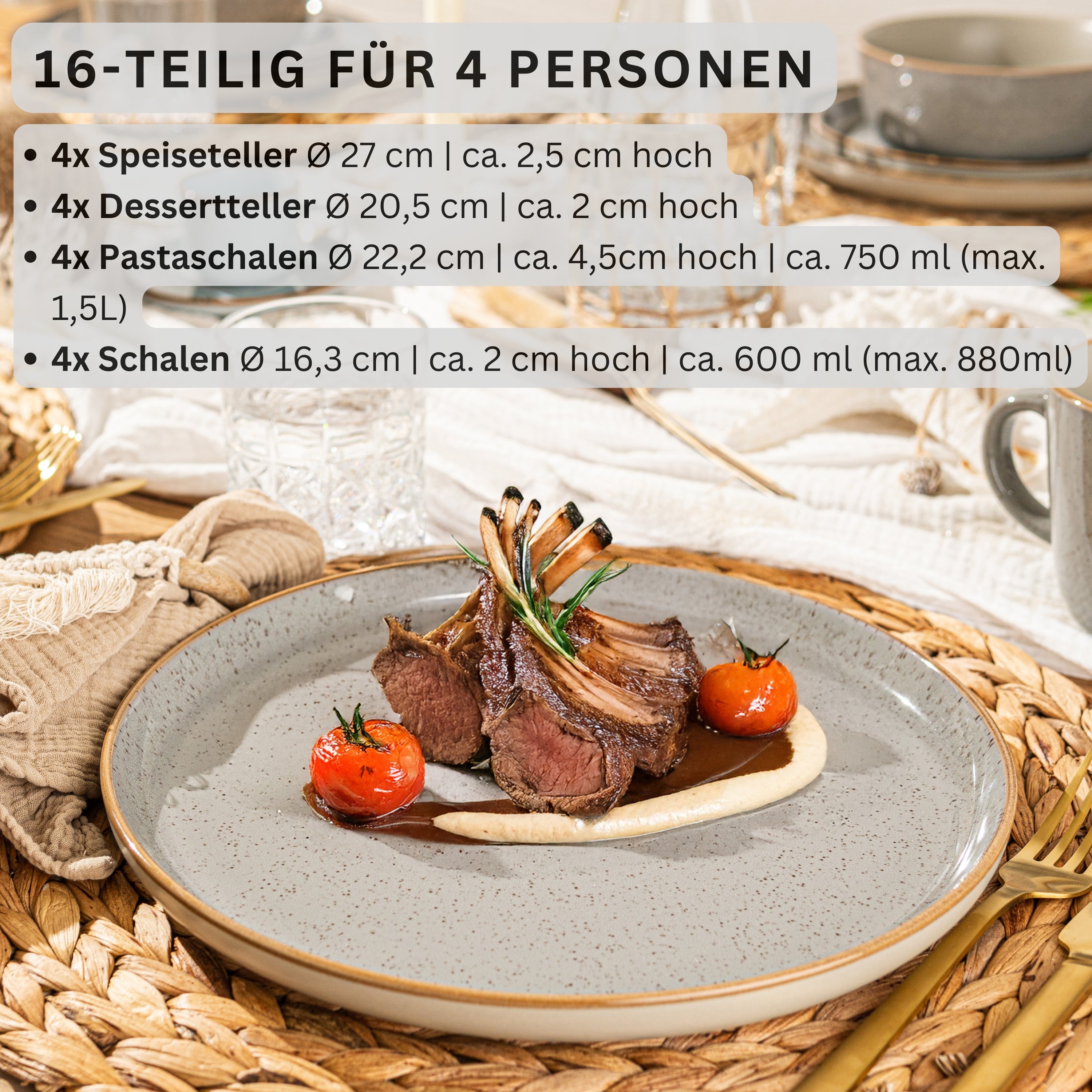 SÄNGER Steingut Geschirrset Rio Perlgrau, Tafelservice 16 teilig für 4 Personen