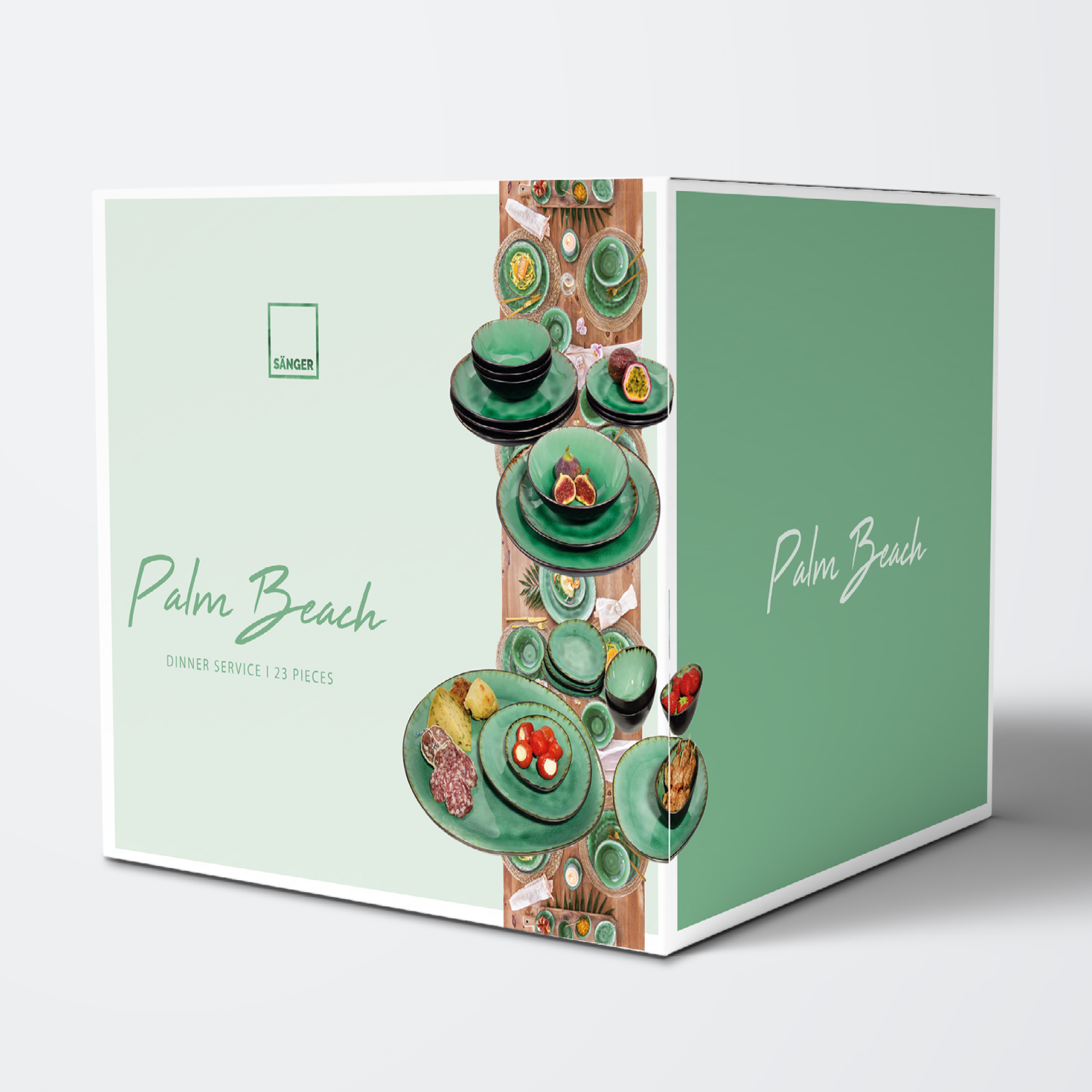 SÄNGER Steingut Geschirrset Palm Beach, Tafelservice & Servierplatten Set 23 teilig für 4 Personen