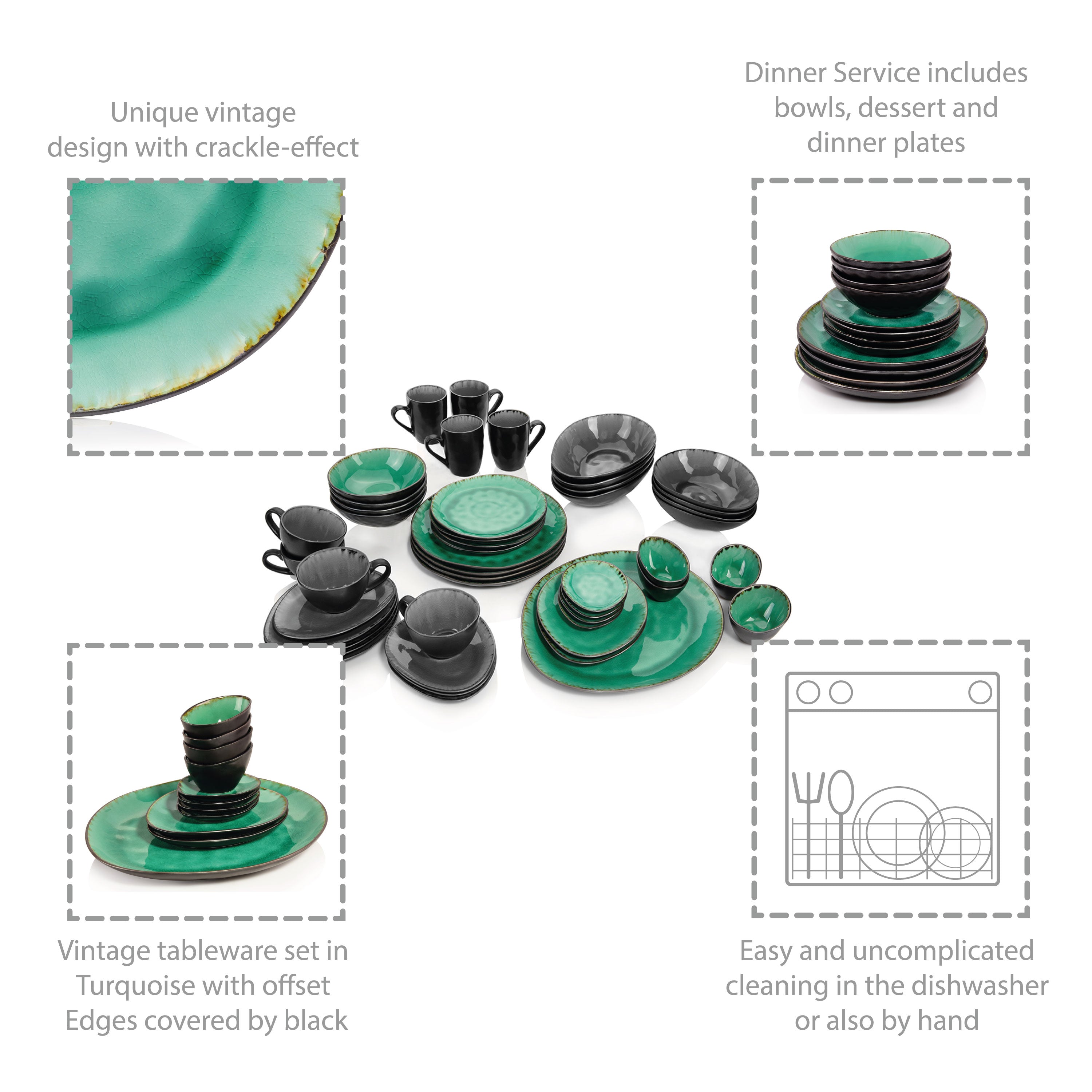 SÄNGER Steingut Geschirrset Palm Beach, Tafelservice & Servierplatten Set 23 teilig für 4 Personen