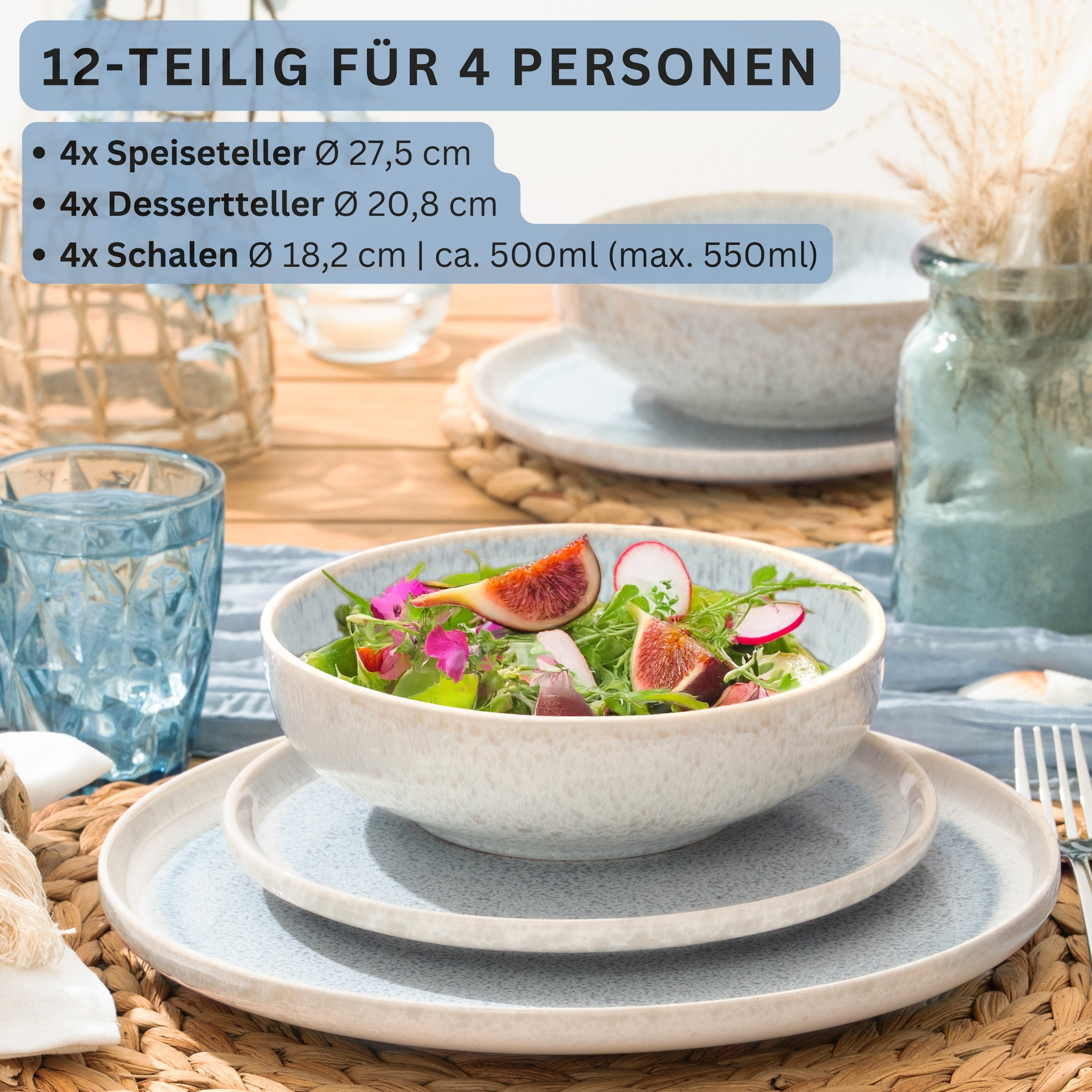 SÄNGER Steingut Geschirrset Santorini, Tafelservice 12 teilig für 4 Personen