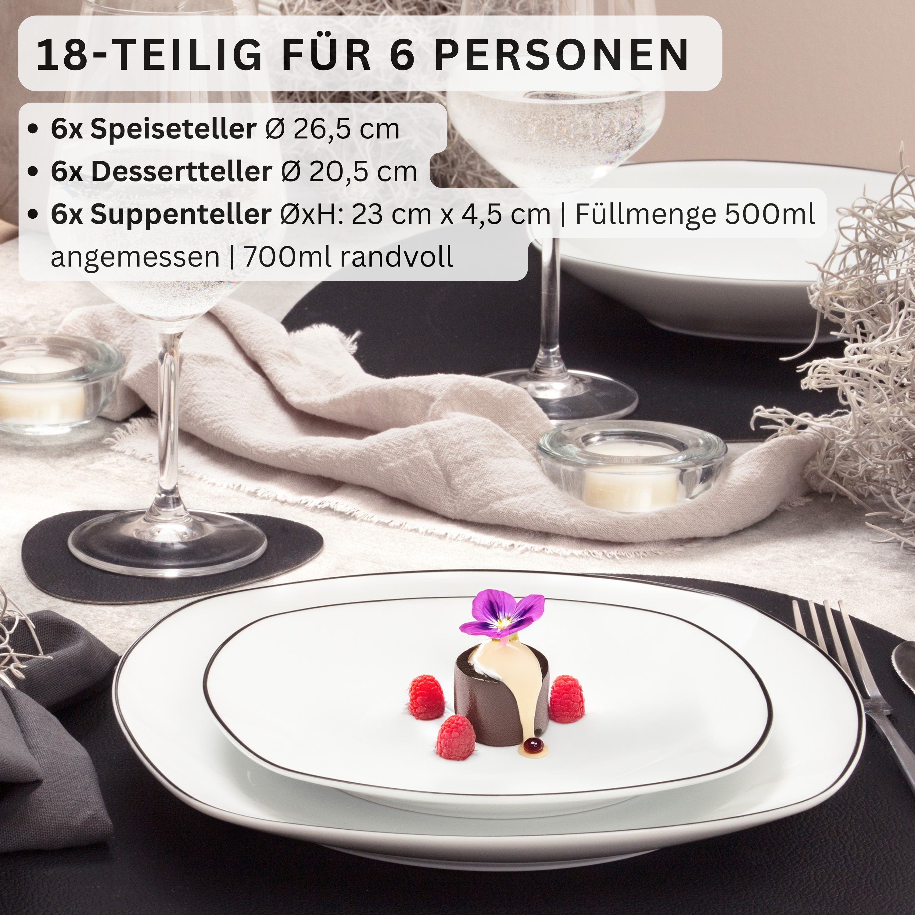 SÄNGER Porzellan Geschirrset Bilgola Black Rim 18 teilig für 6 Personen