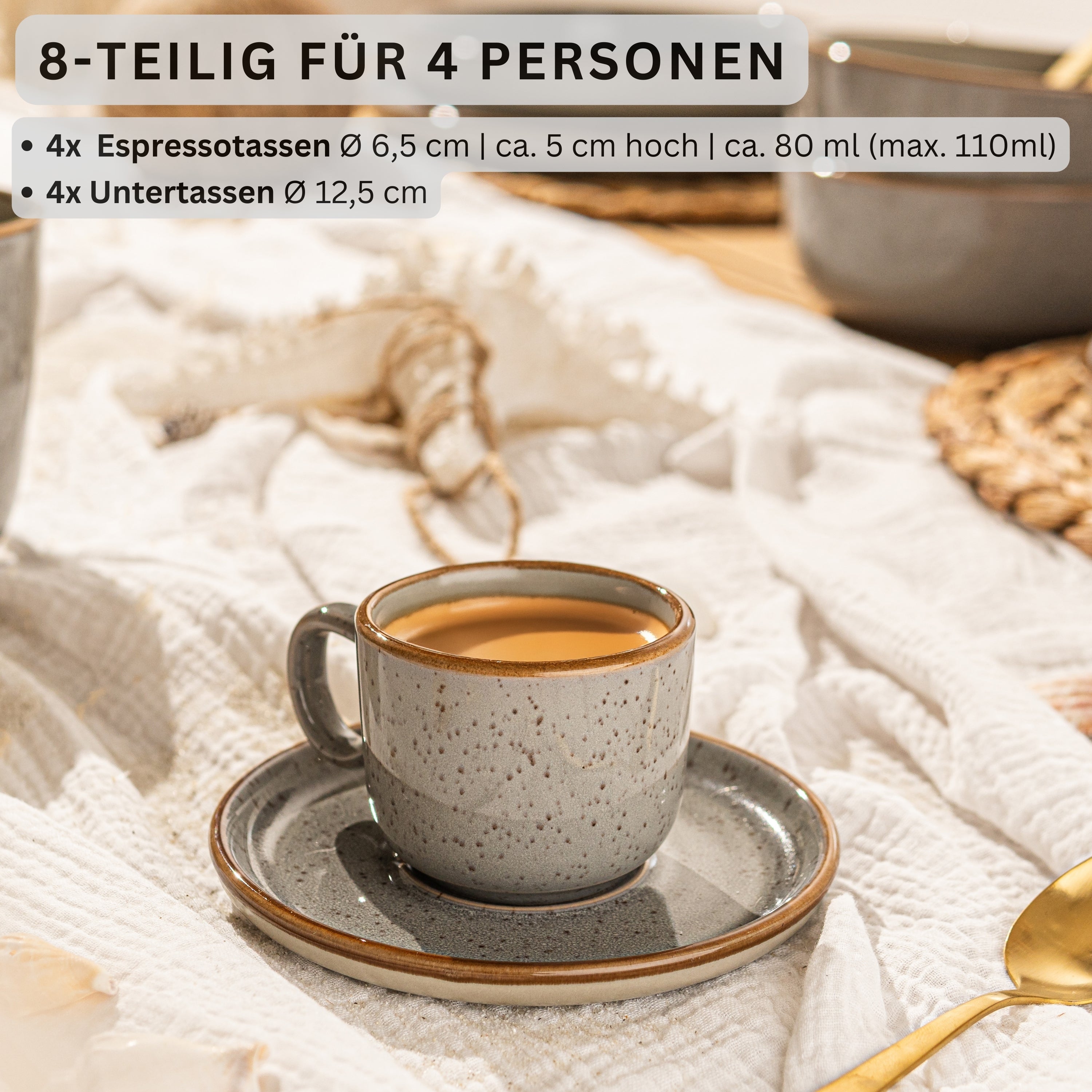 SÄNGER Espressotassen Set Rio Perlgrau 8 teilig für 4 Personen