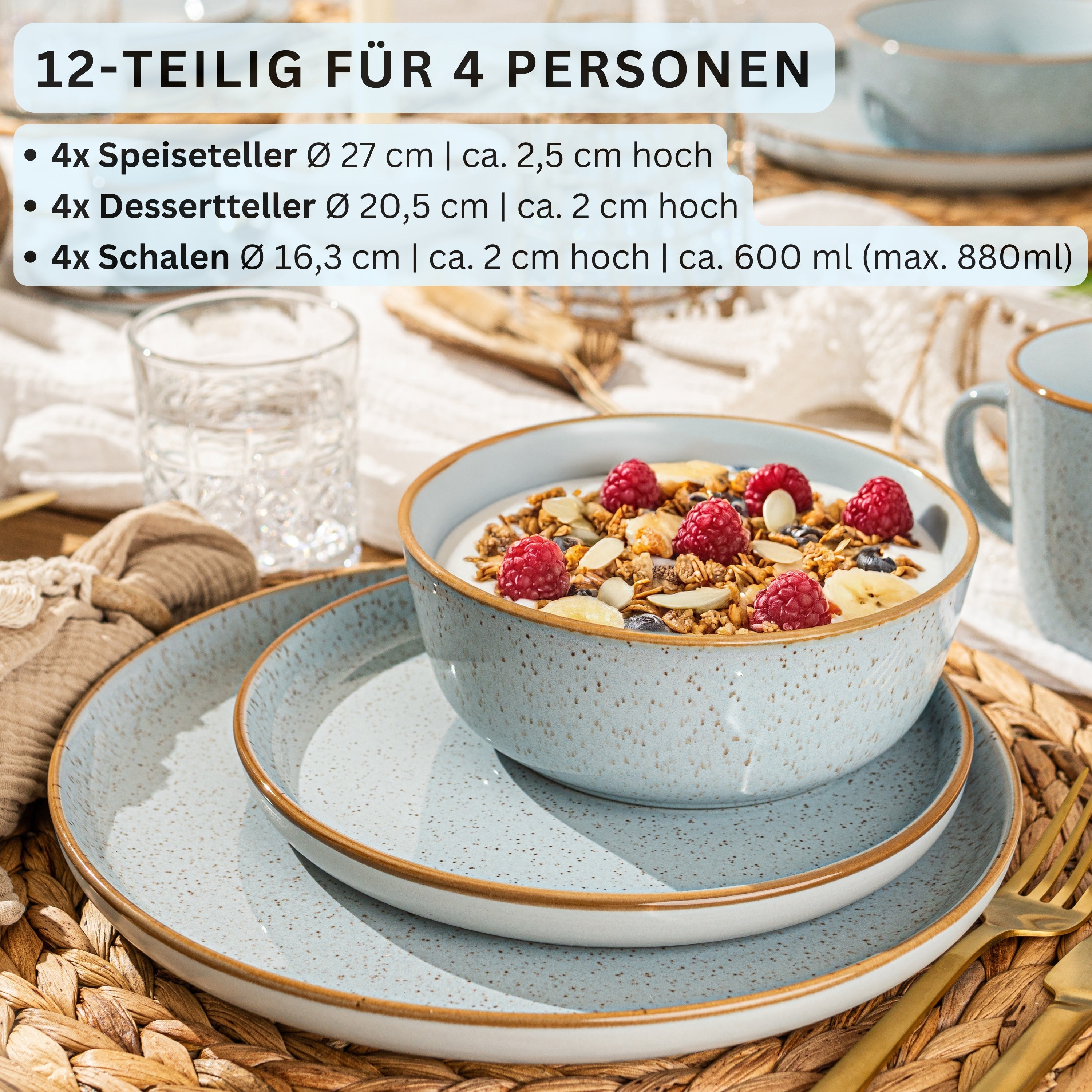 SÄNGER Steingut Geschirrset Rio Lagune, Tafelservice 12 teilig für 4 Personen