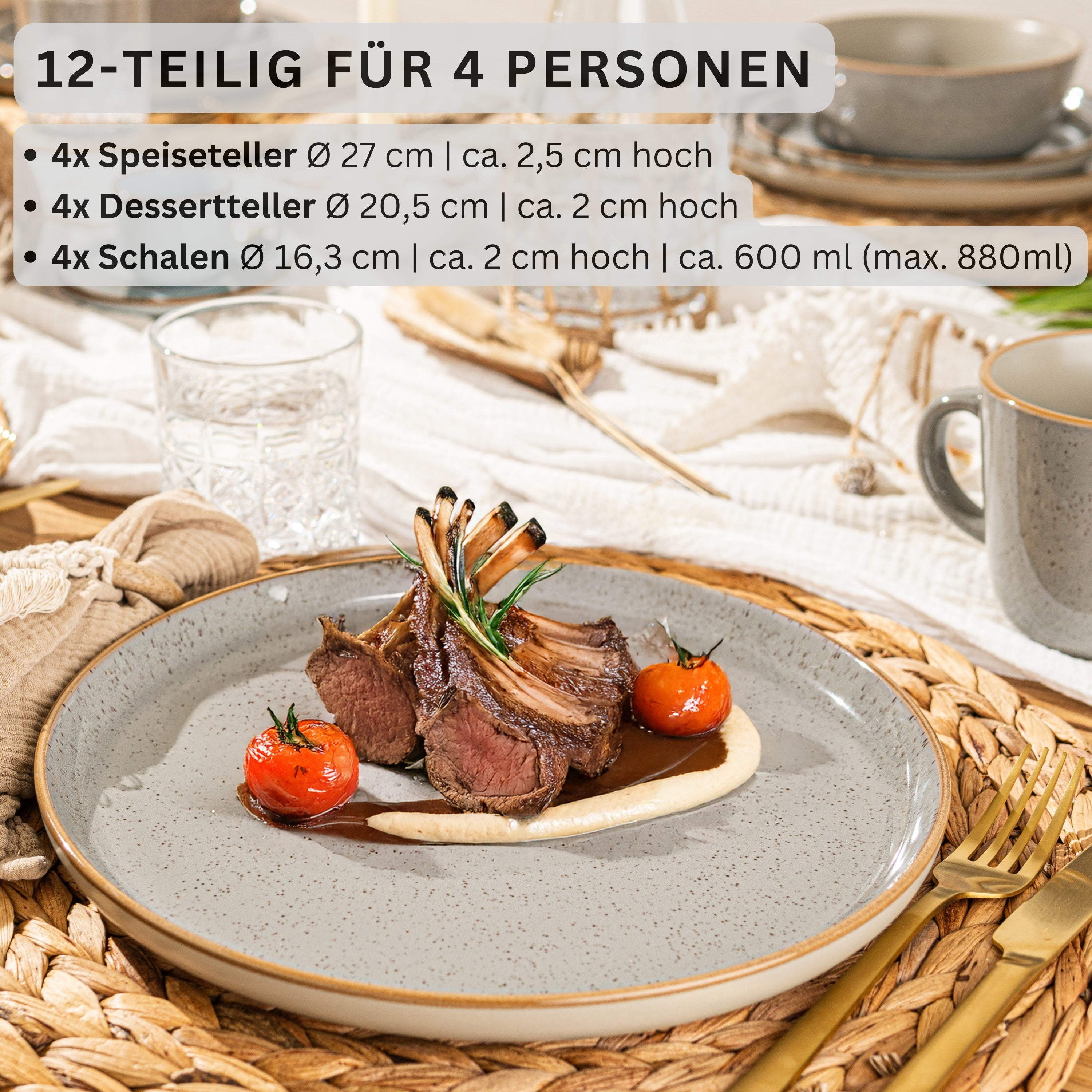 SÄNGER Steingut Geschirrset Rio Perlgrau, Tafelservice 12 teilig für 4 Personen