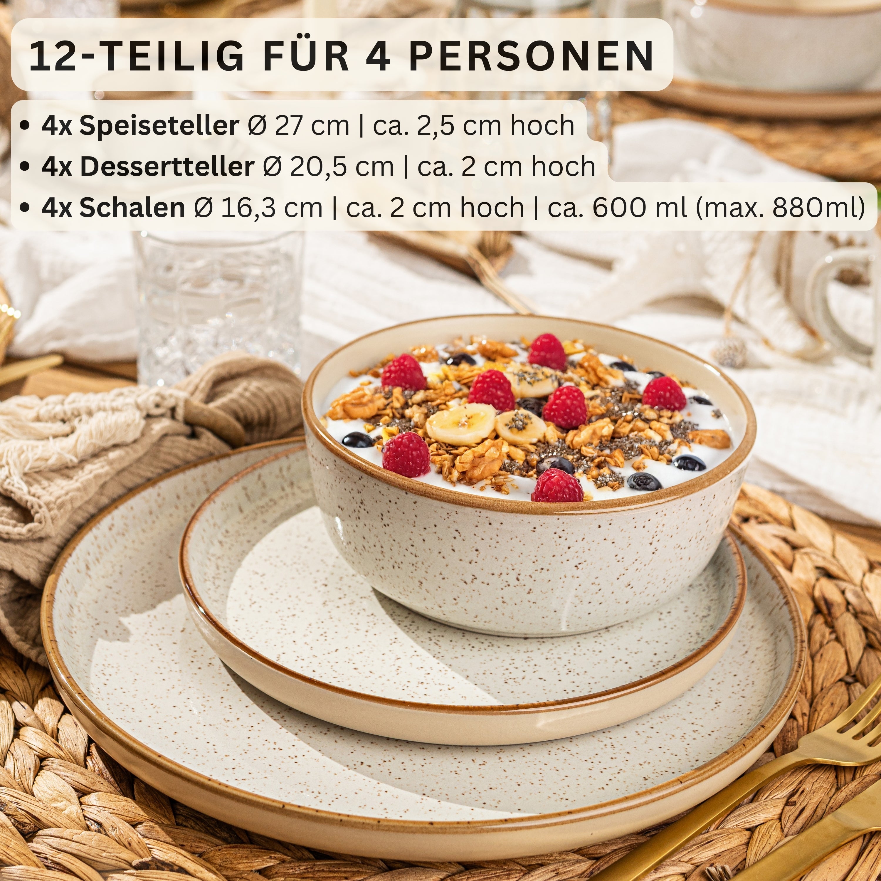 SÄNGER Steingut Geschirrset Rio Creme, Tafelservice 12 teilig für 4 Personen