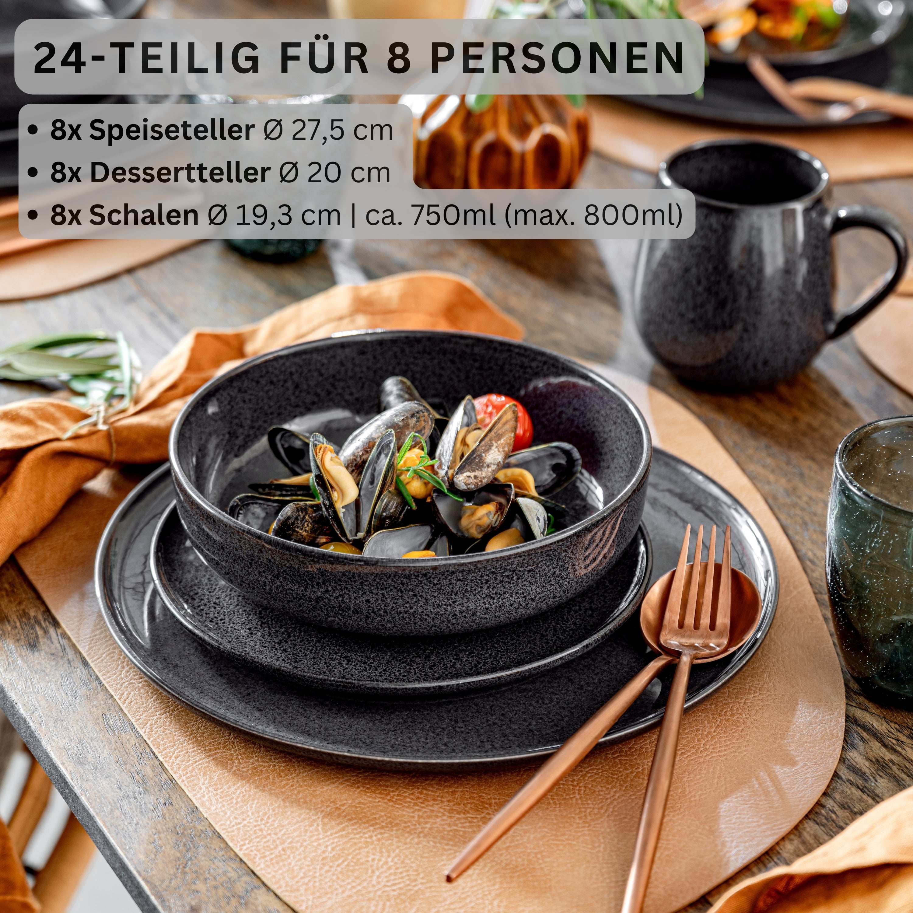 SÄNGER Steingut Geschirrset Bali, Tafelservice 24 teilig für 8 Personen