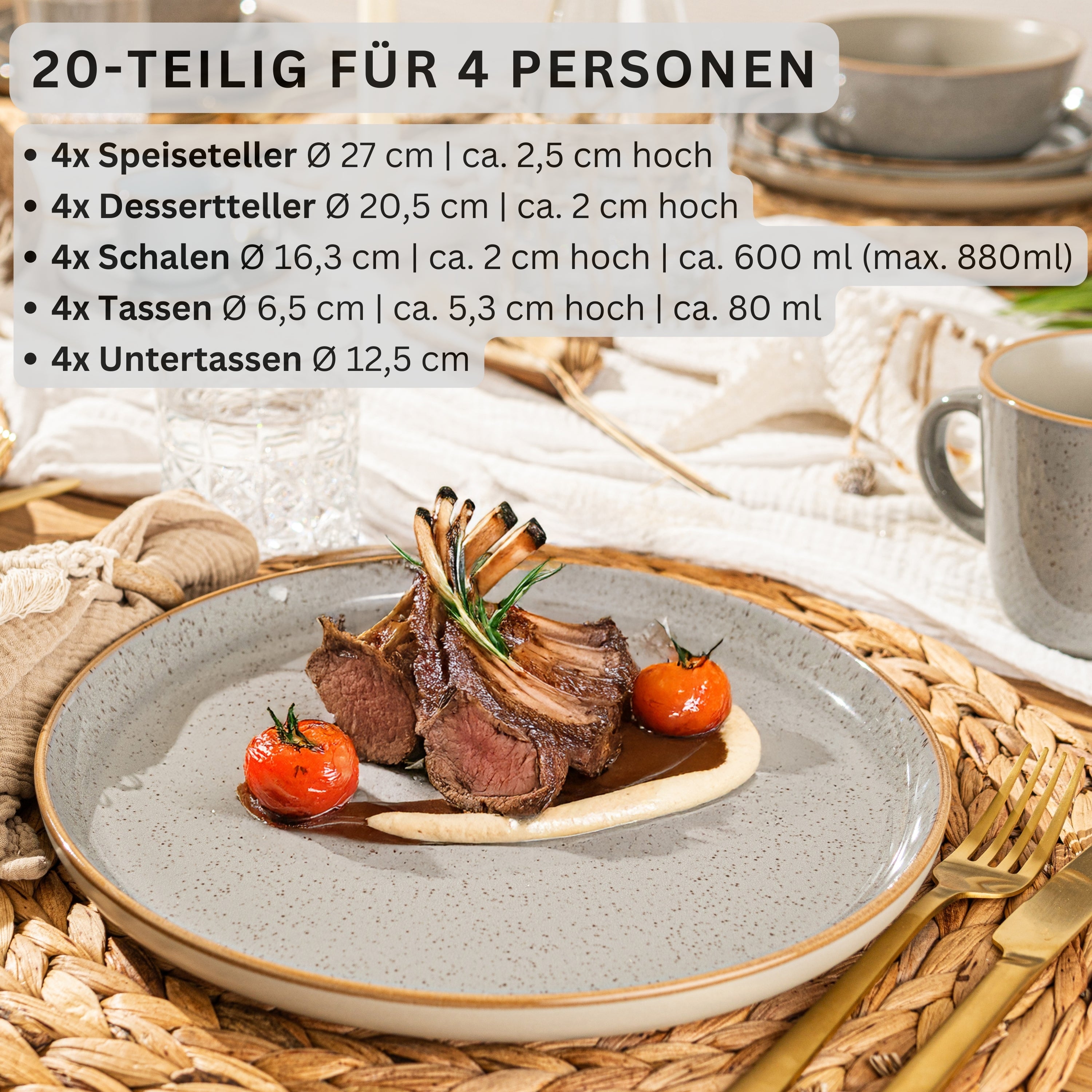 SÄNGER Steingut Geschirrset Rio Perlgrau, Kombiservice 20 teilig für 4 Personen mit Espressotassen