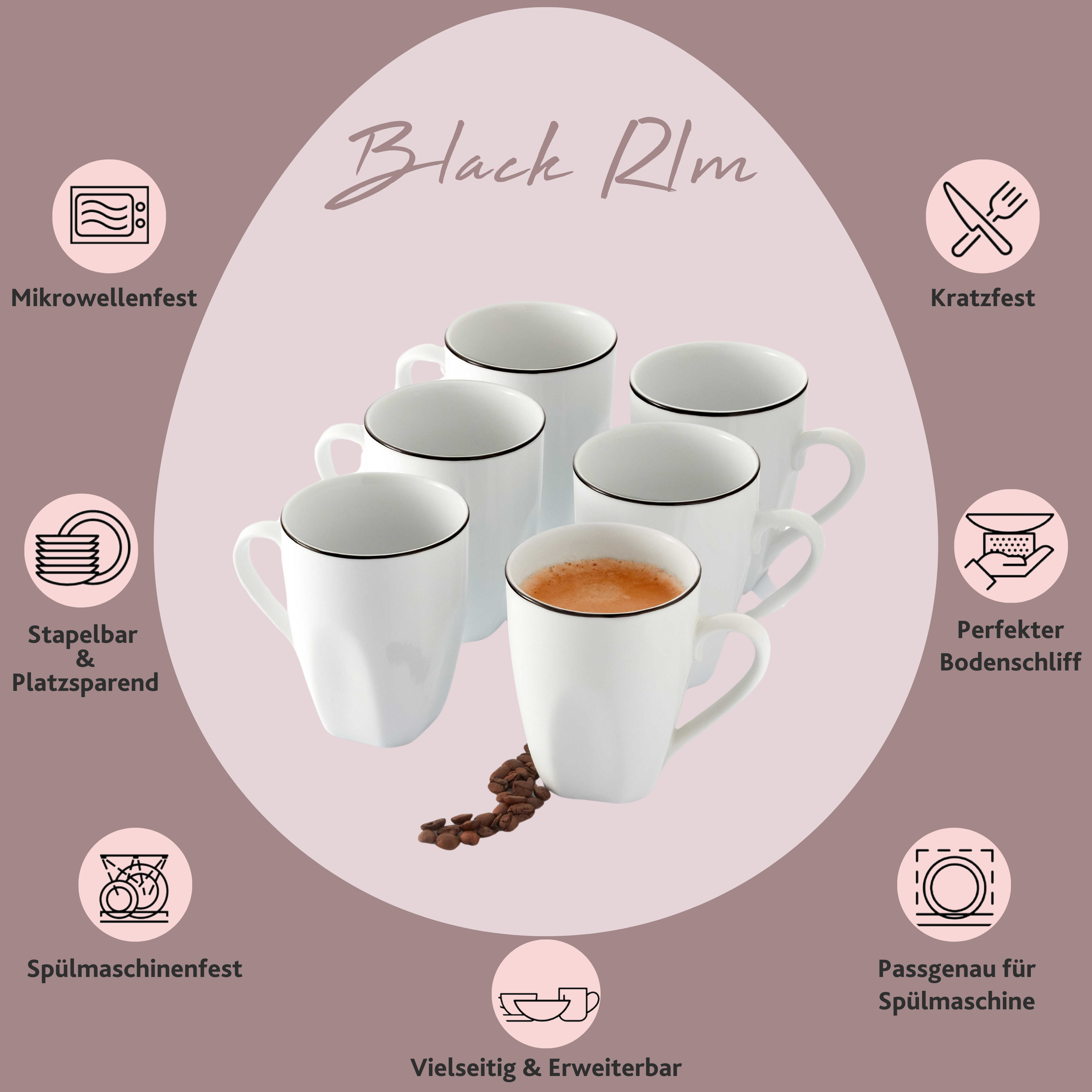 SÄNGER Porzellan Kaffeebecher Set Bilgola Black Rim 6 teilig