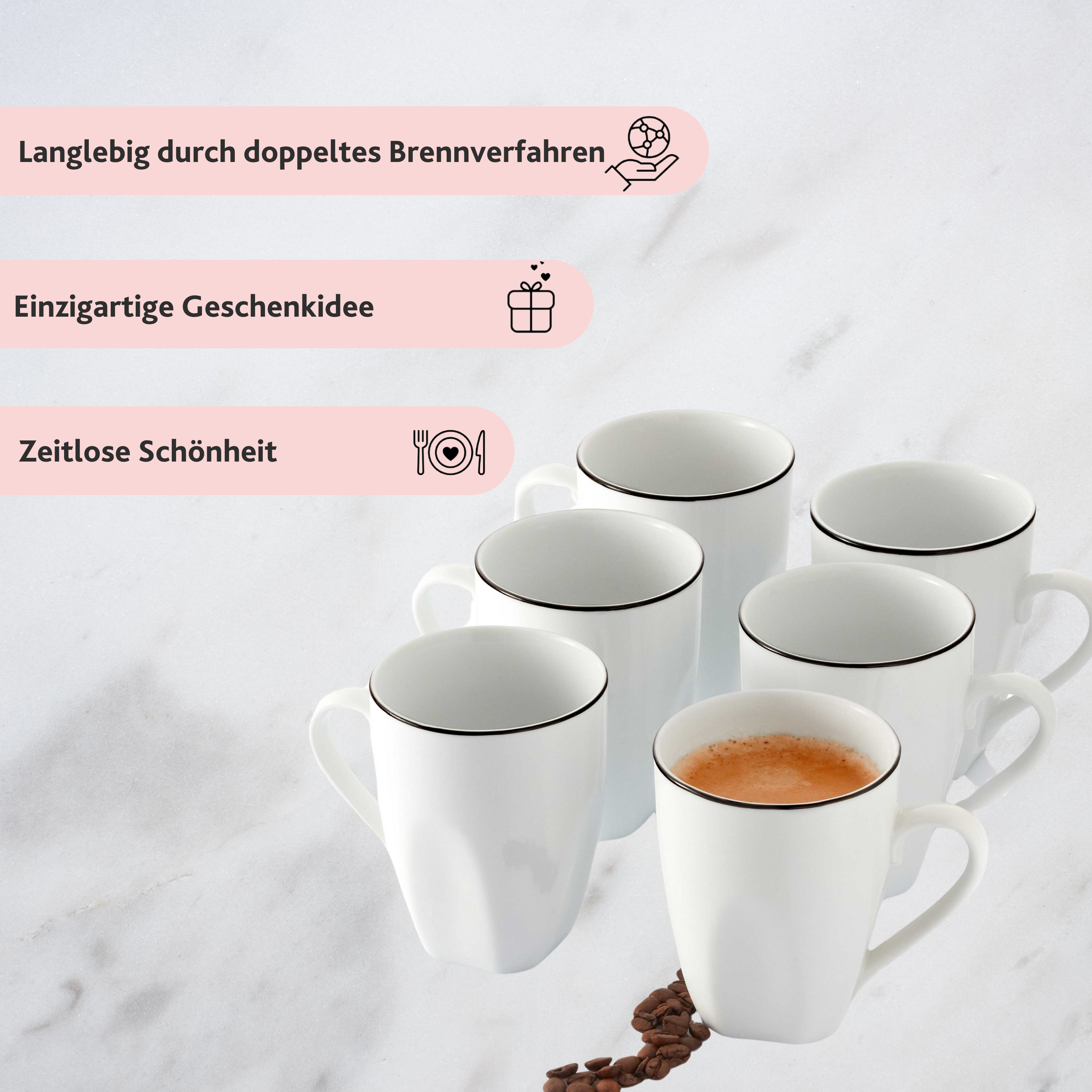 SÄNGER Porzellan Kaffeebecher Set Bilgola Black Rim 6 teilig