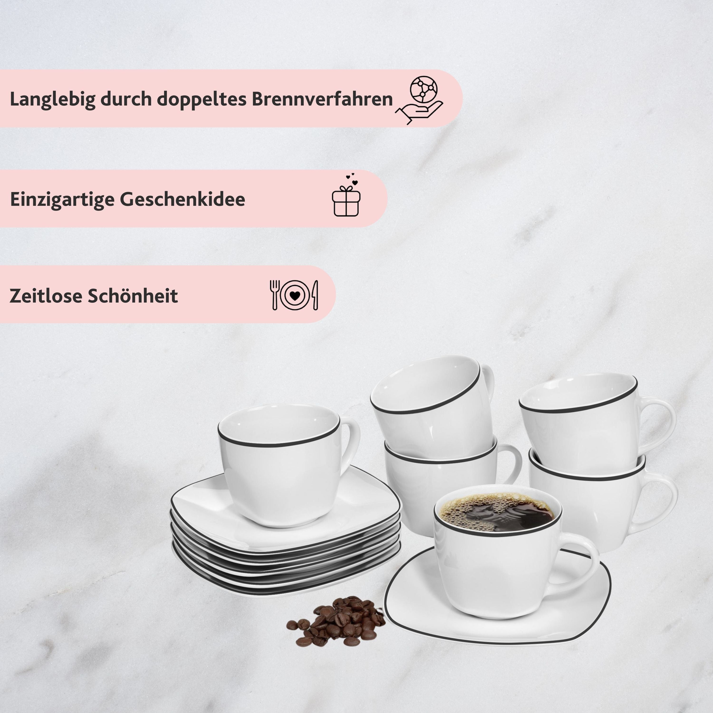 SÄNGER Porzellan Kaffeetassen Set Bilgola Black Rim 12 tlg
