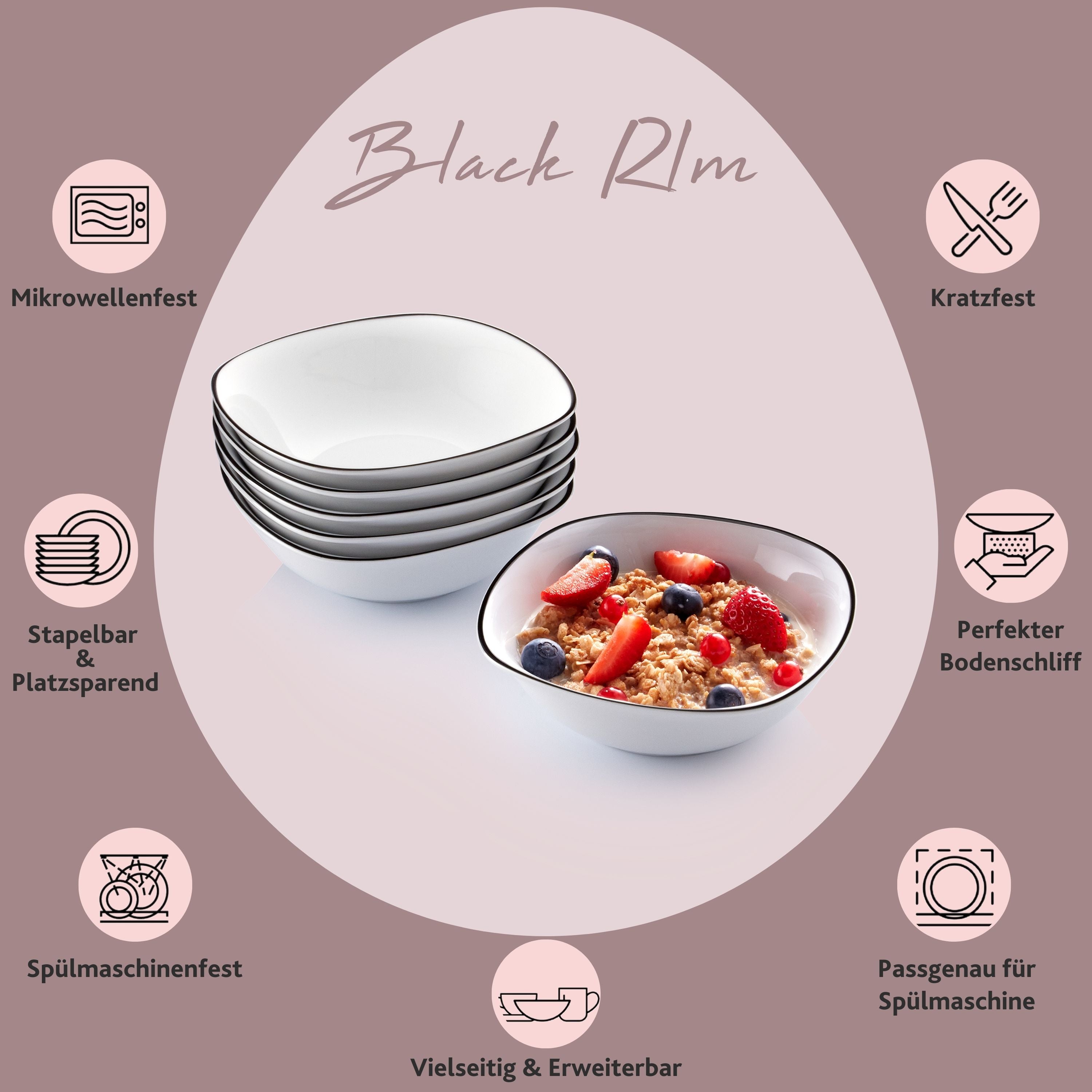 SÄNGER Porzellan Müslischalen Set Bilgola Black Rim 6 teilig