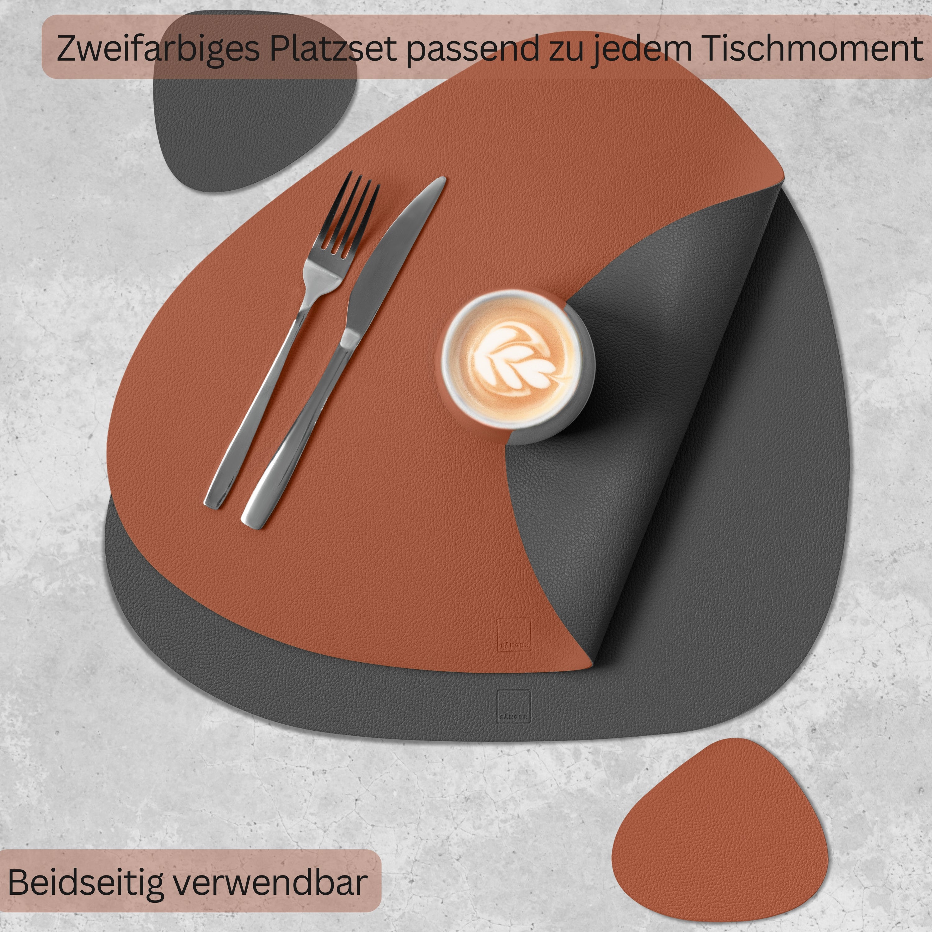 SÄNGER organische Tischsets & Untersetzer aus Kunstleder  8 teilig  für 4 Personen, Anthrazit + Braun