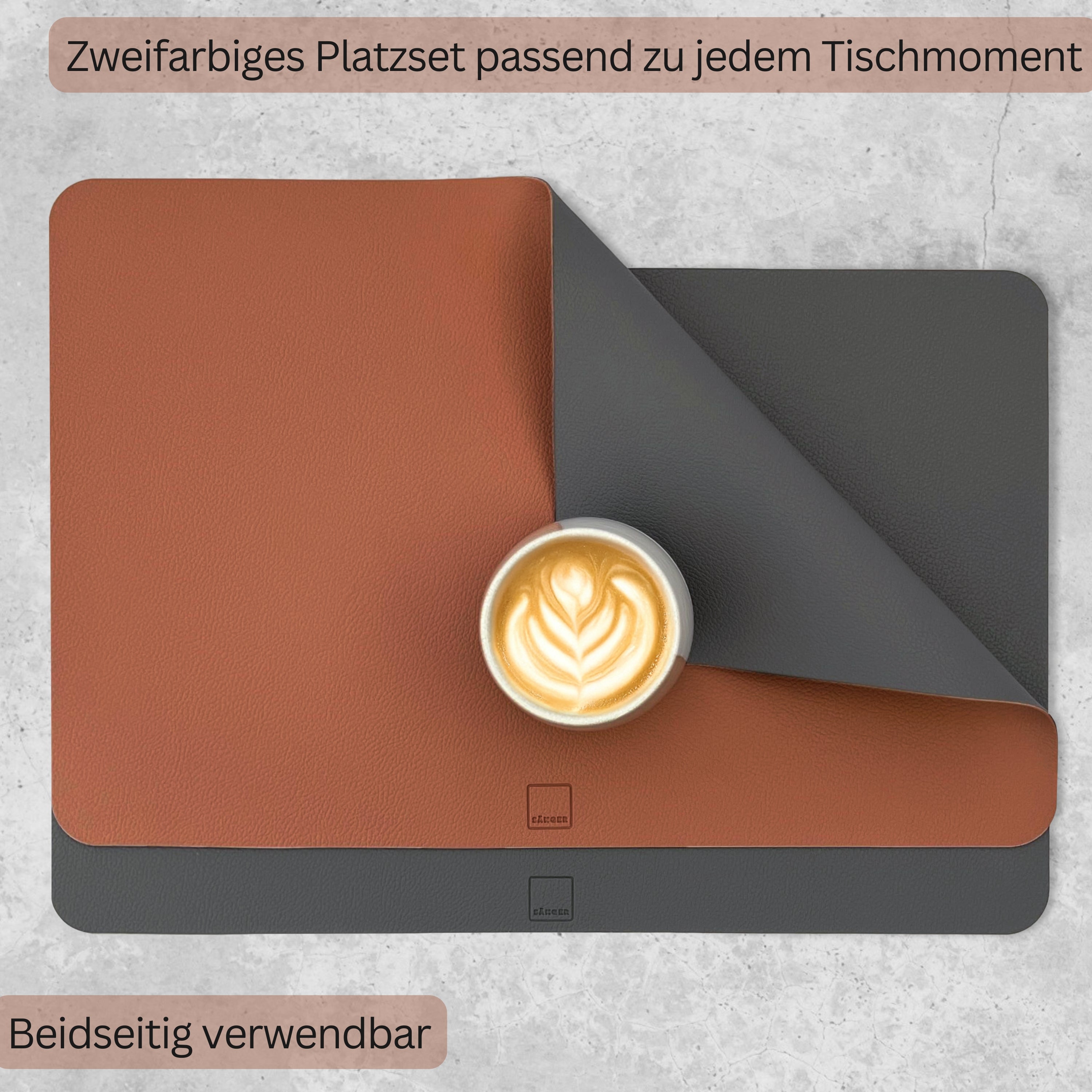 SÄNGER rechteckige Tischsets & Untersetzer aus Kunstleder 12 teilig  für 6 Personen, Anthrazit + Braun
