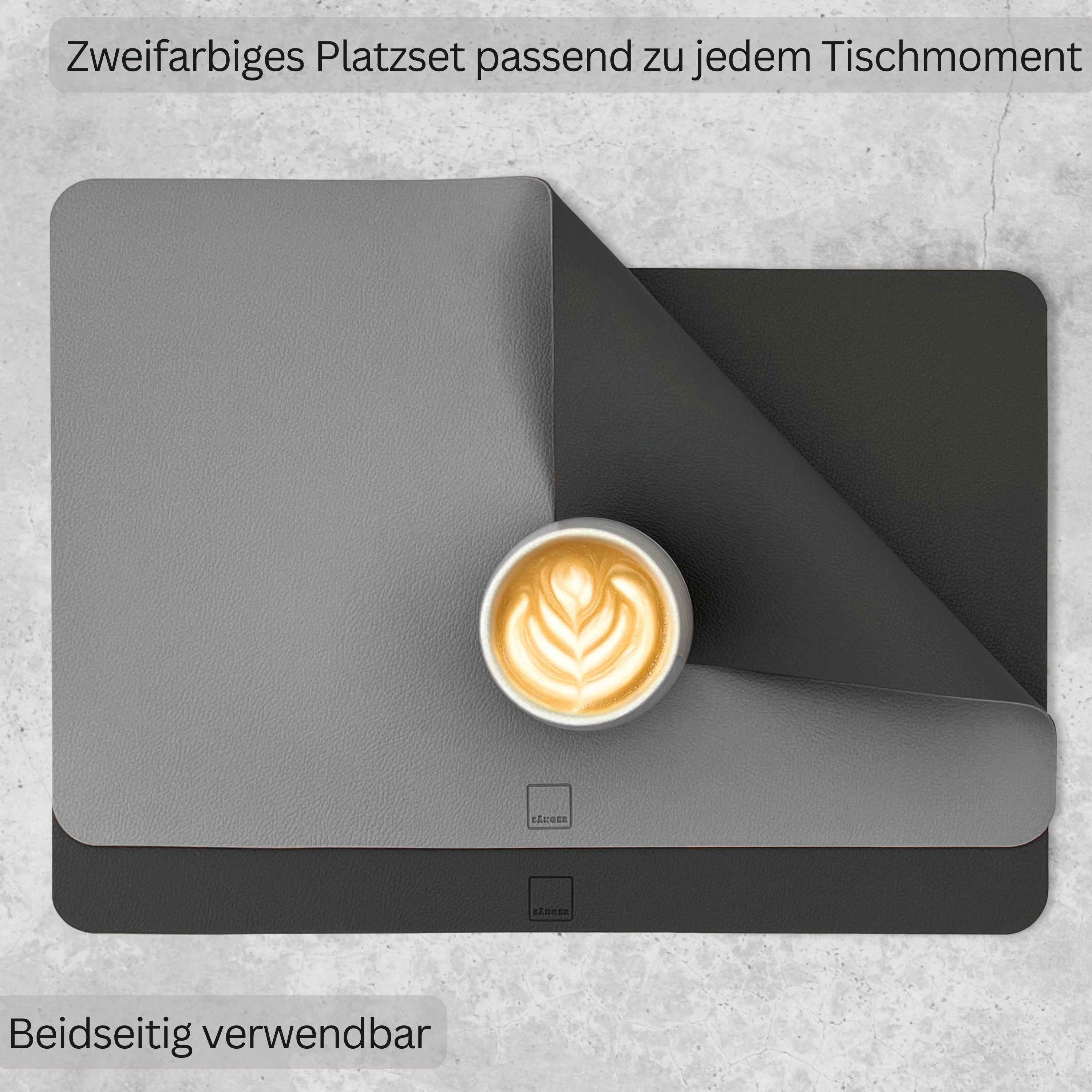 SÄNGER rechteckige Tischsets & Untersetzer aus Kunstleder  8 teilig  für 4 Personen, Grau + Schwarz
