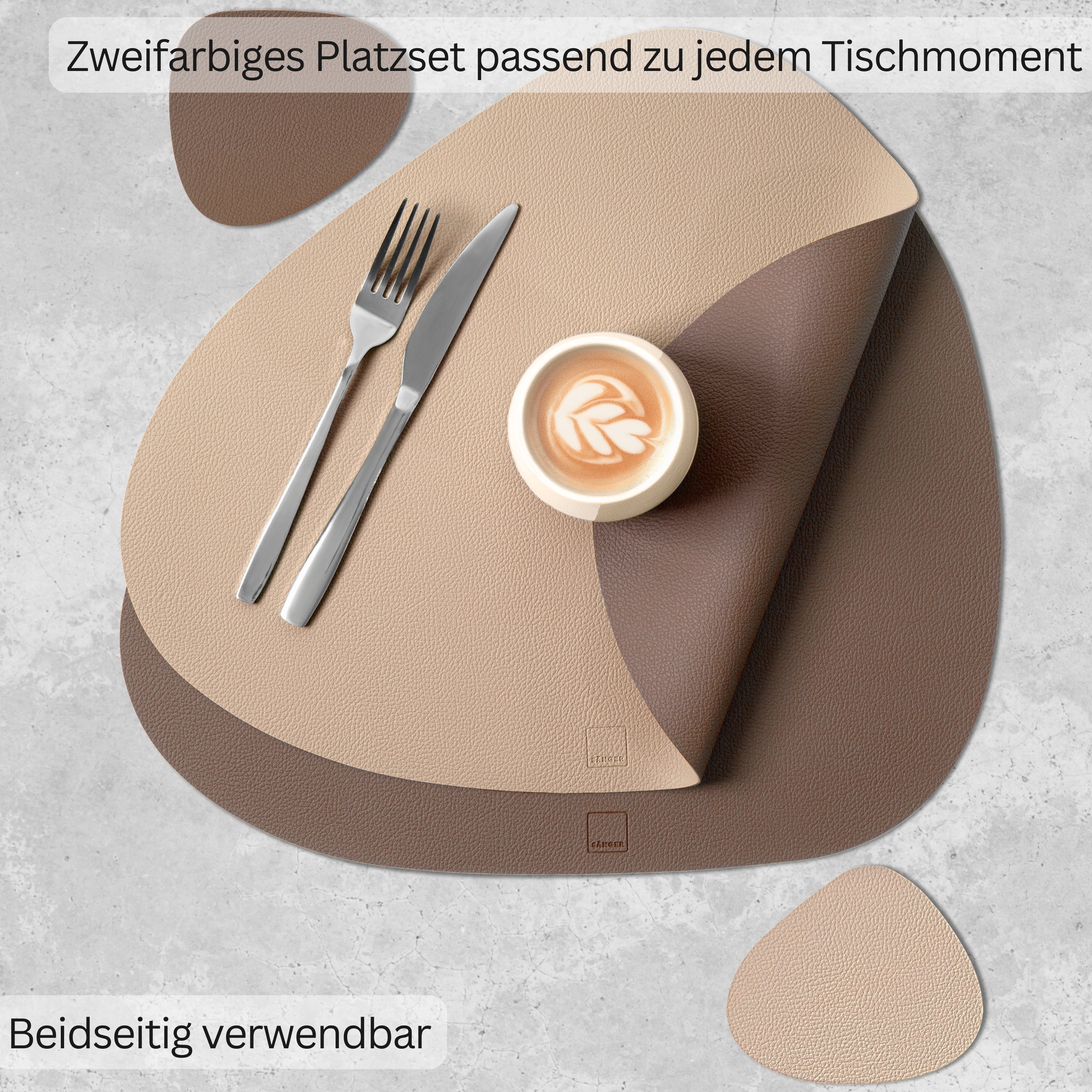 SÄNGER organische Tischsets & Untersetzer aus Kunstleder 12 teilig  für 6 Personen, Braun+Beige