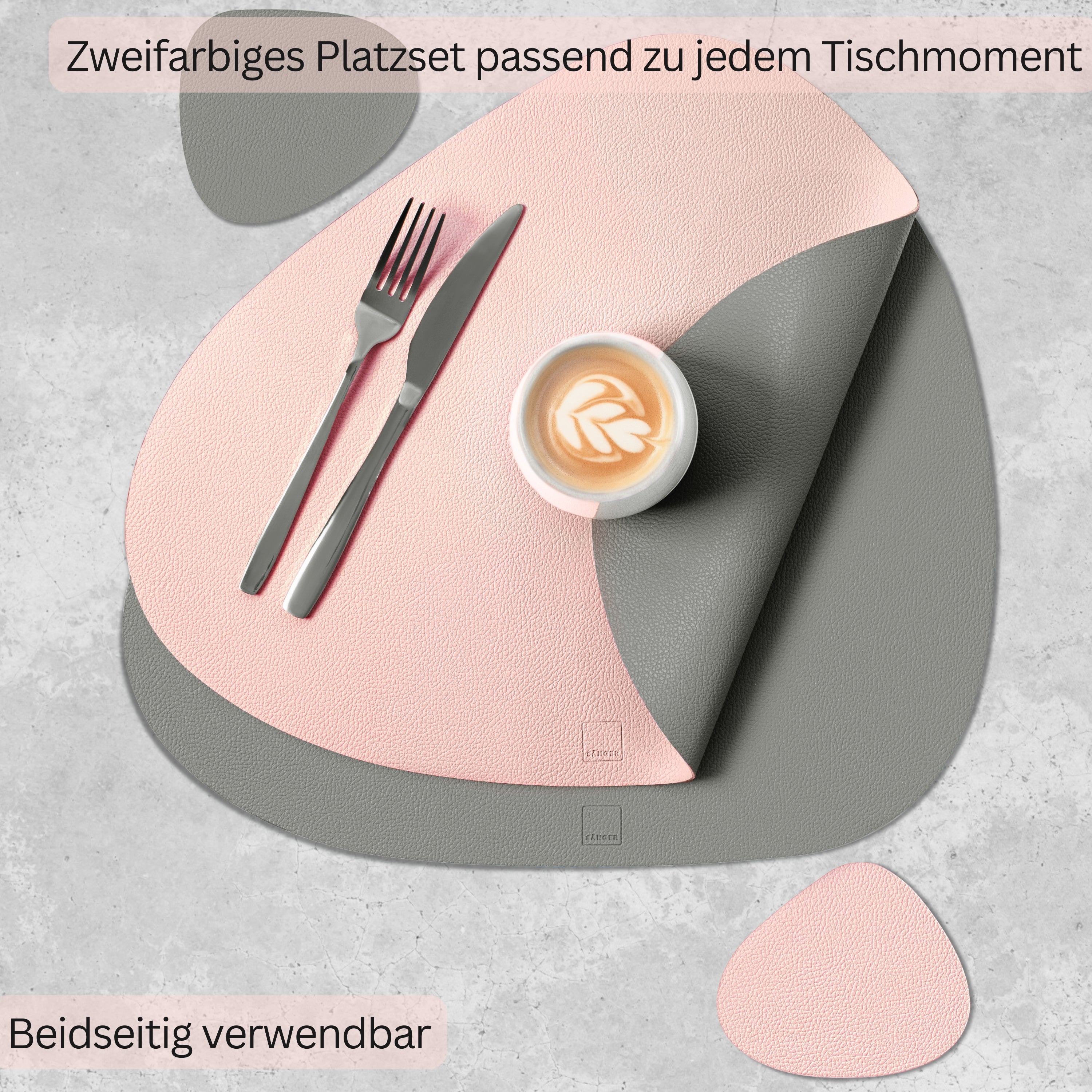SÄNGER organische Tischsets & Untersetzer aus Kunstleder 12 teilig  für 6 Personen, Rosa + Grau