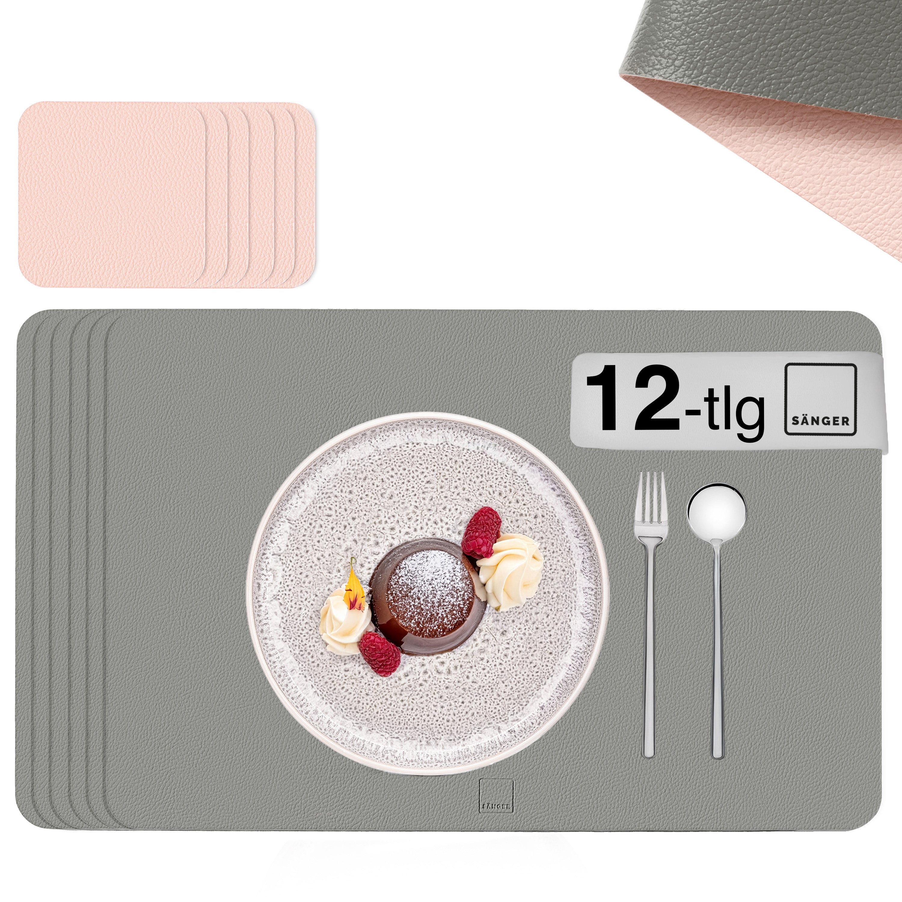SÄNGER rechteckige Tischsets & Untersetzer aus Kunstleder 12 teilig  für 6 Personen, Rosa + Grau