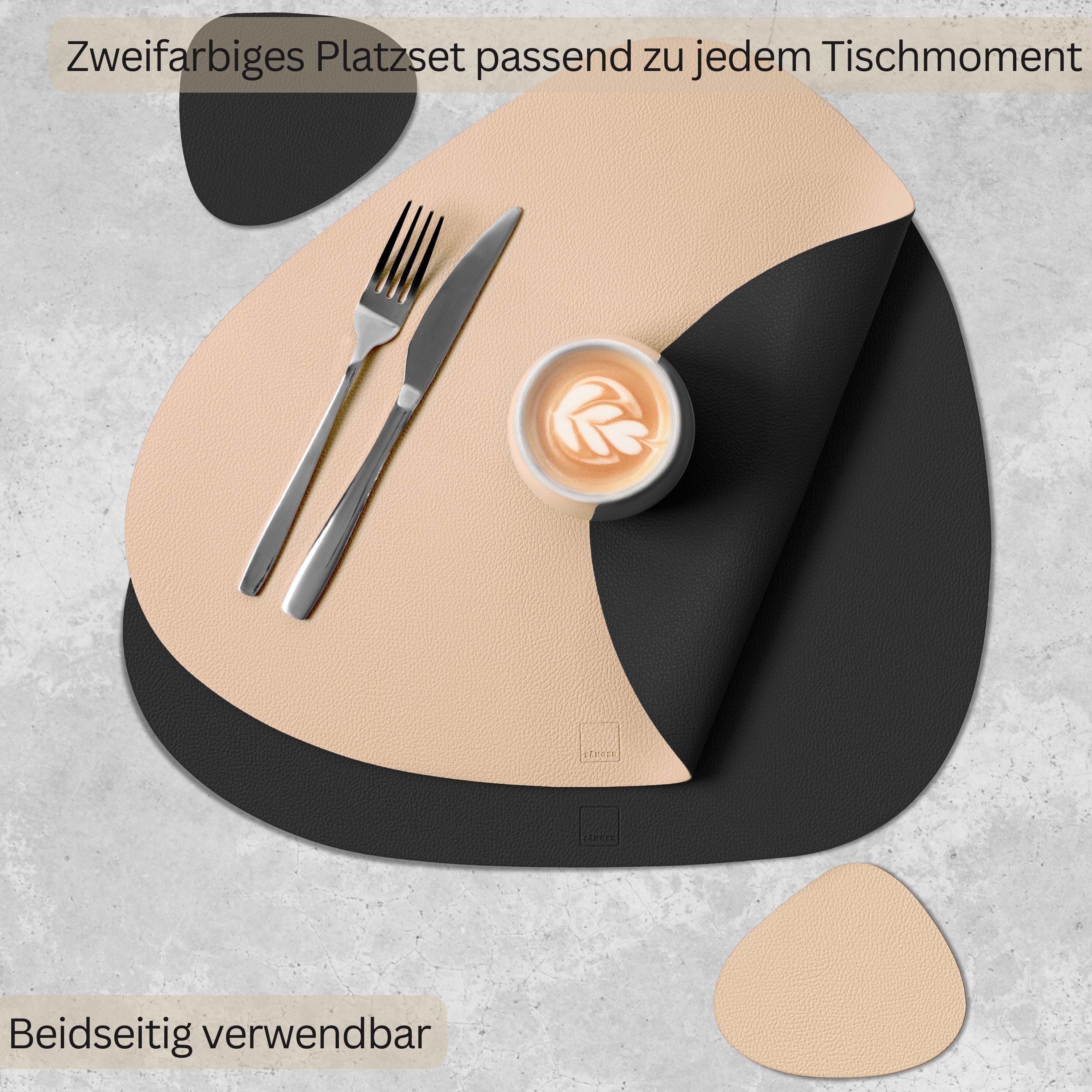 SÄNGER organische Tischsets & Untersetzer aus Kunstleder 12 teilig  für 6 Personen,  Schwarz + Beige