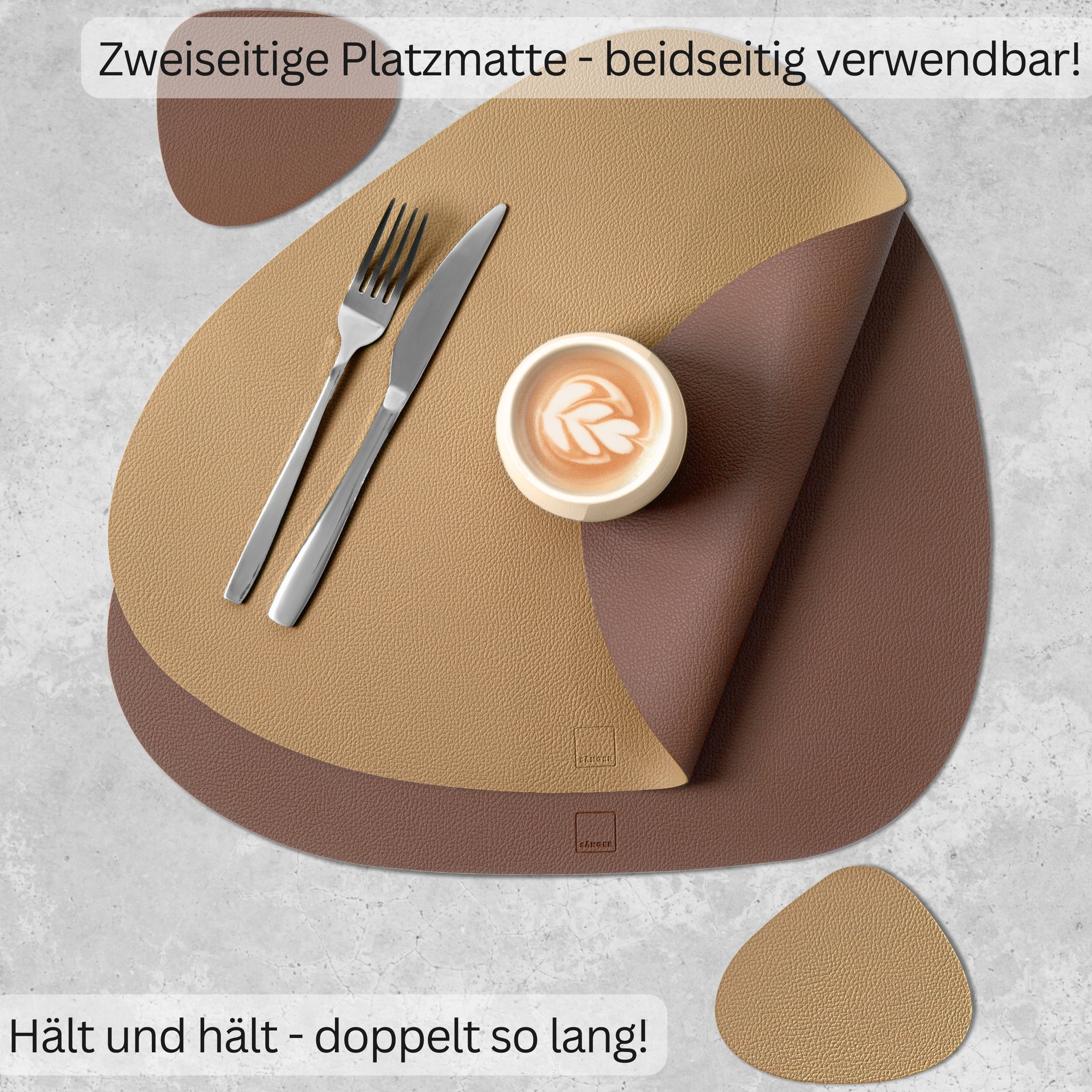 SÄNGER organische Tischsets & Untersetzer aus Kunstleder 12 teilig  für 6 Personen, Mocha + Beige