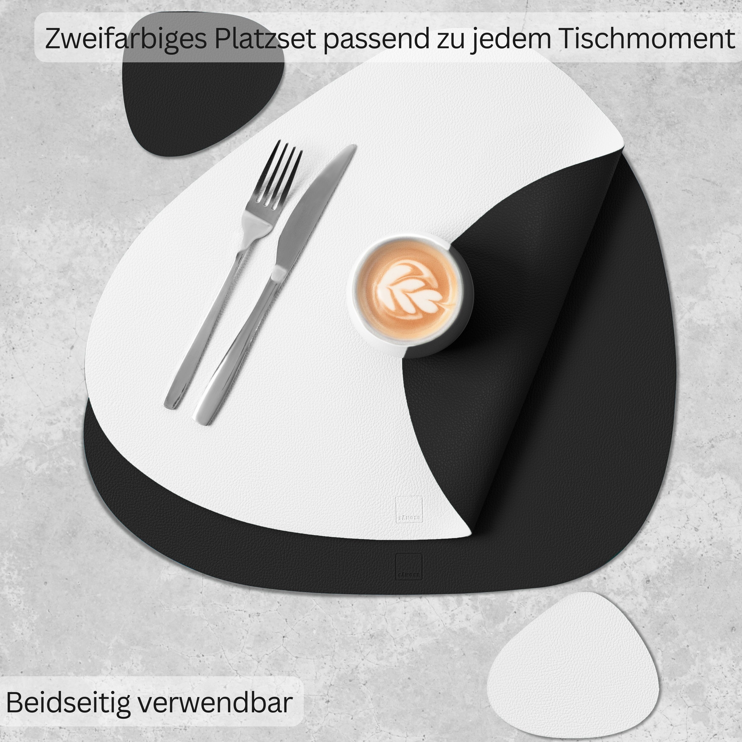 SÄNGER organische Tischsets & Untersetzer aus Kunstleder 12 teilig  für 6 Personen, Schwarz + Creme