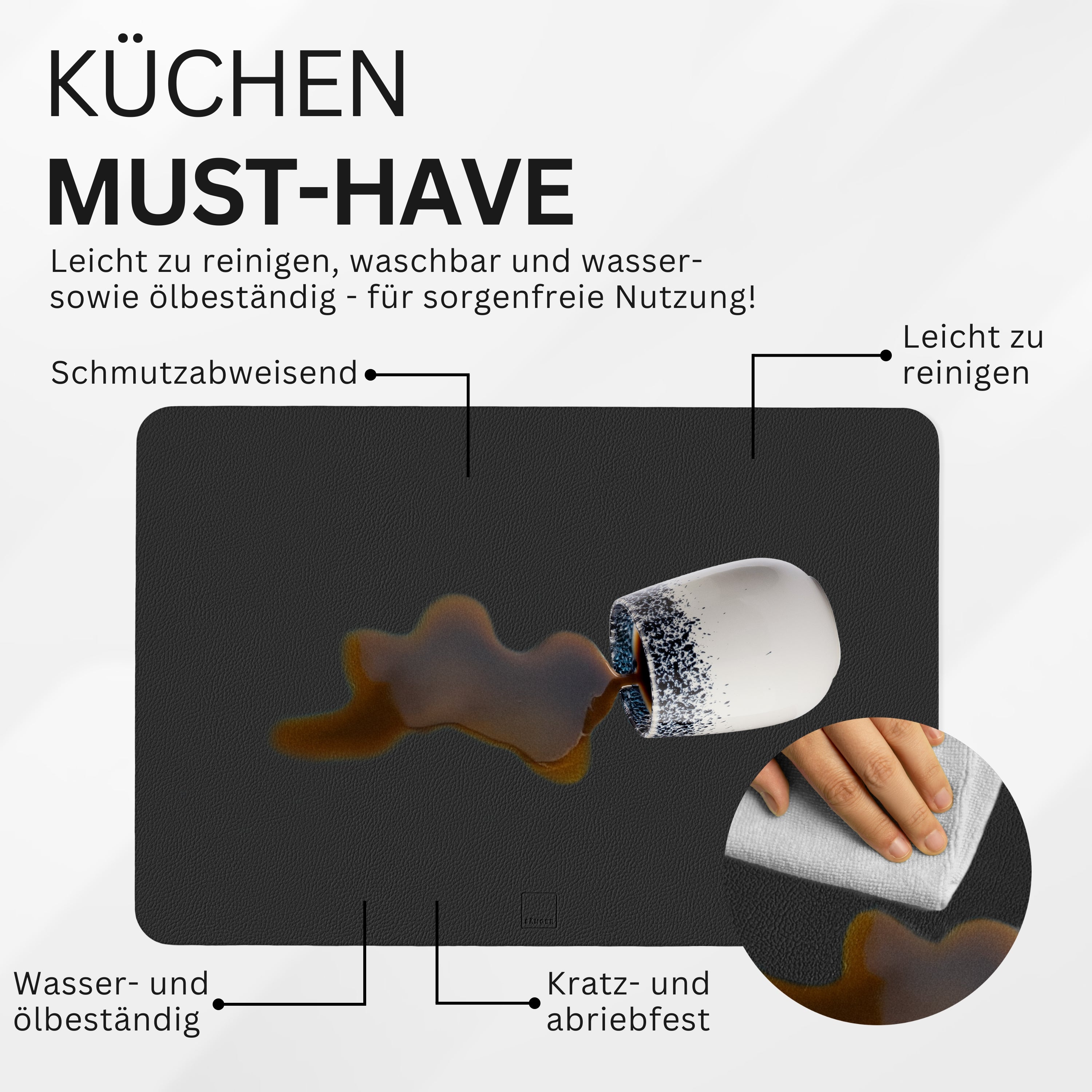 SÄNGER rechteckige Tischsets & Untersetzer aus Kunstleder 12 teilig  für 6 Personen, Schwarz + Creme