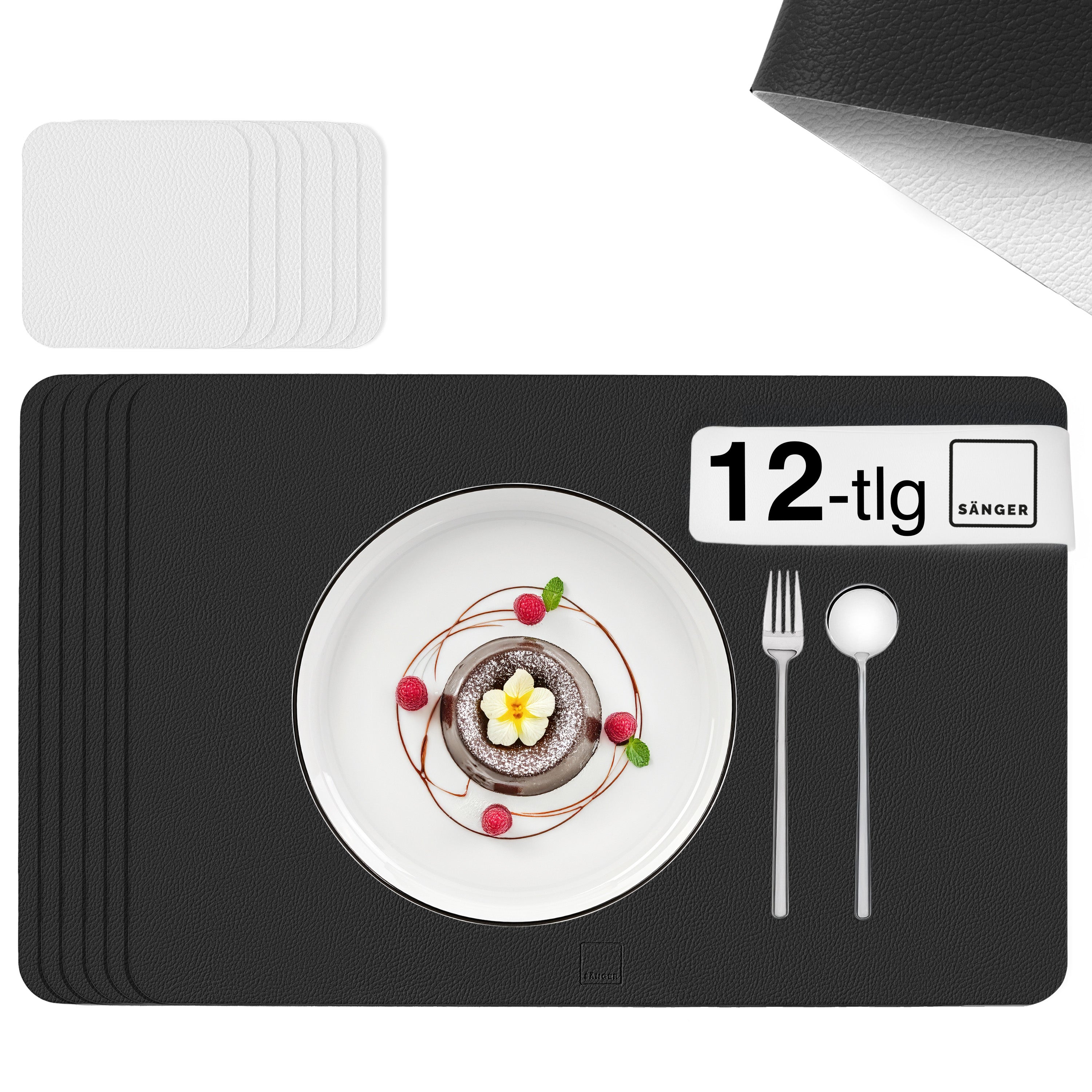 SÄNGER rechteckige Tischsets & Untersetzer aus Kunstleder 12 teilig  für 6 Personen, Schwarz + Creme