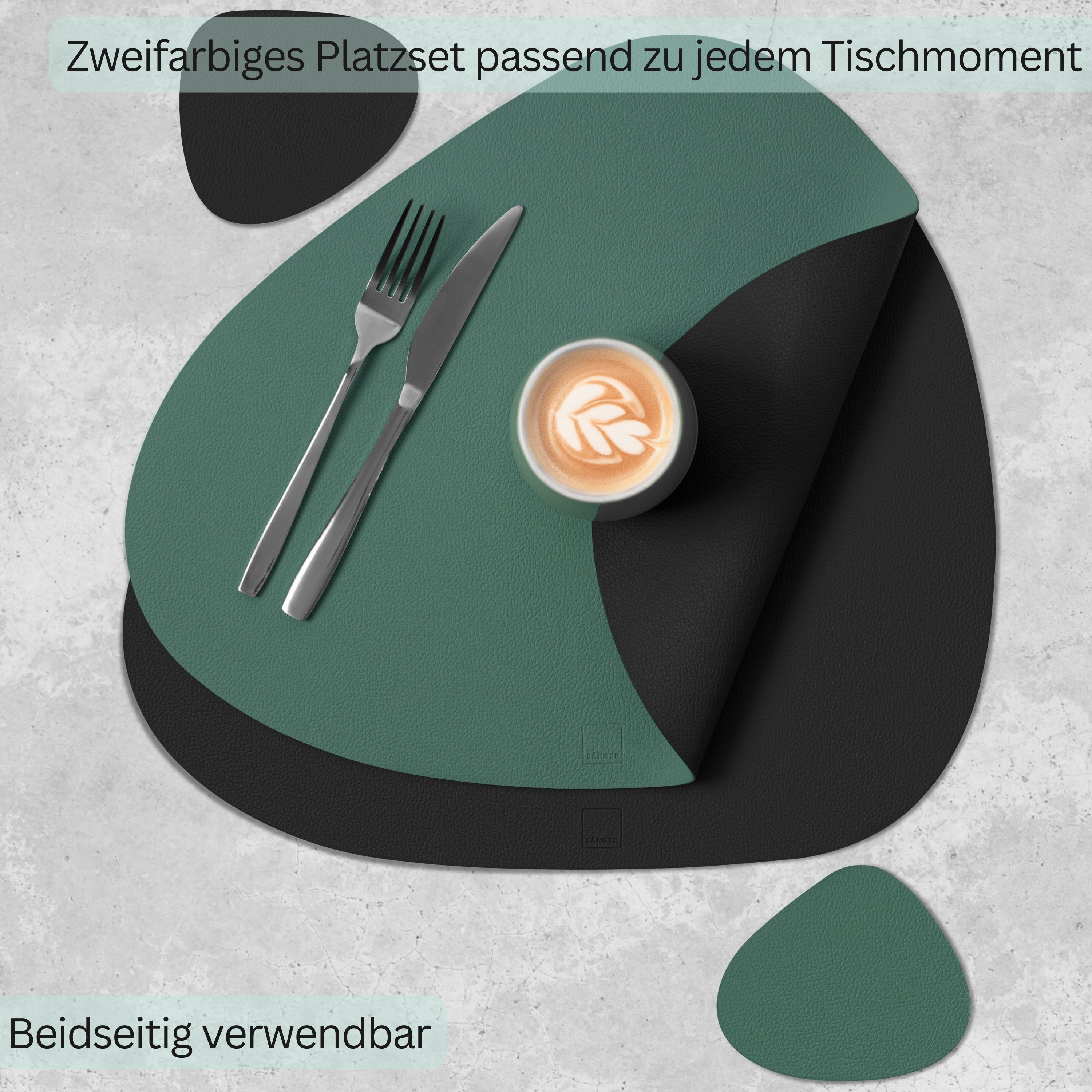 SÄNGER organische Tischsets & Untersetzer aus Kunstleder 12 teilig  für 6 Personen, Schwarz + Grün