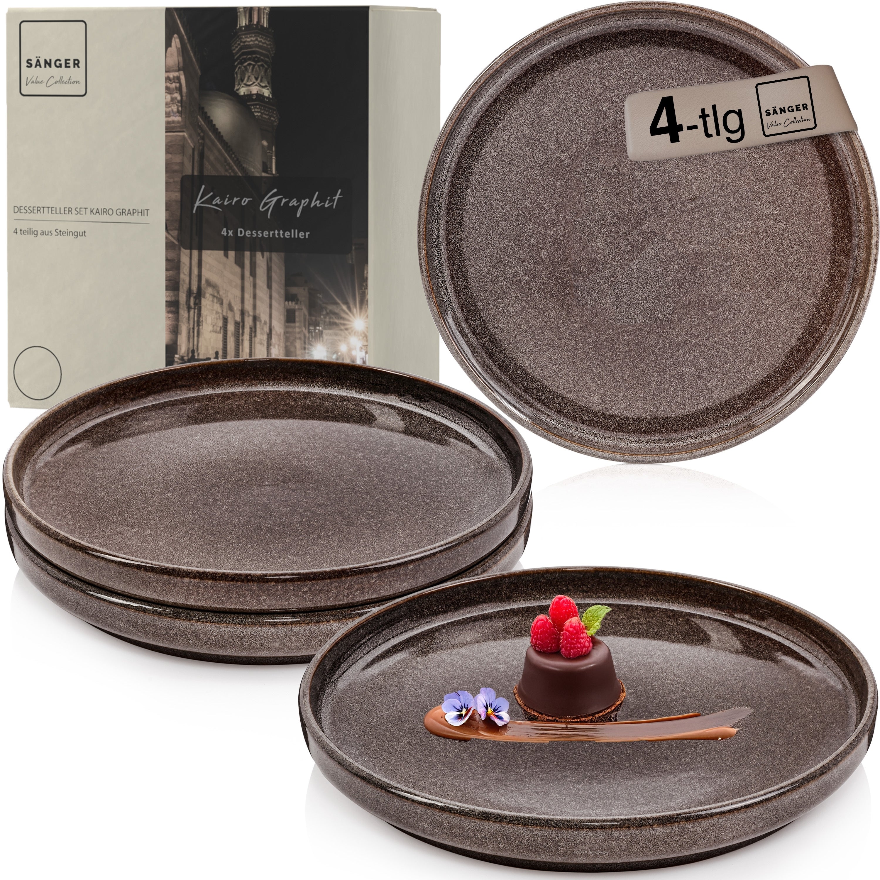 SÄNGER Dessertteller Set Kairo Graphit - 4 teilig aus Steingut
