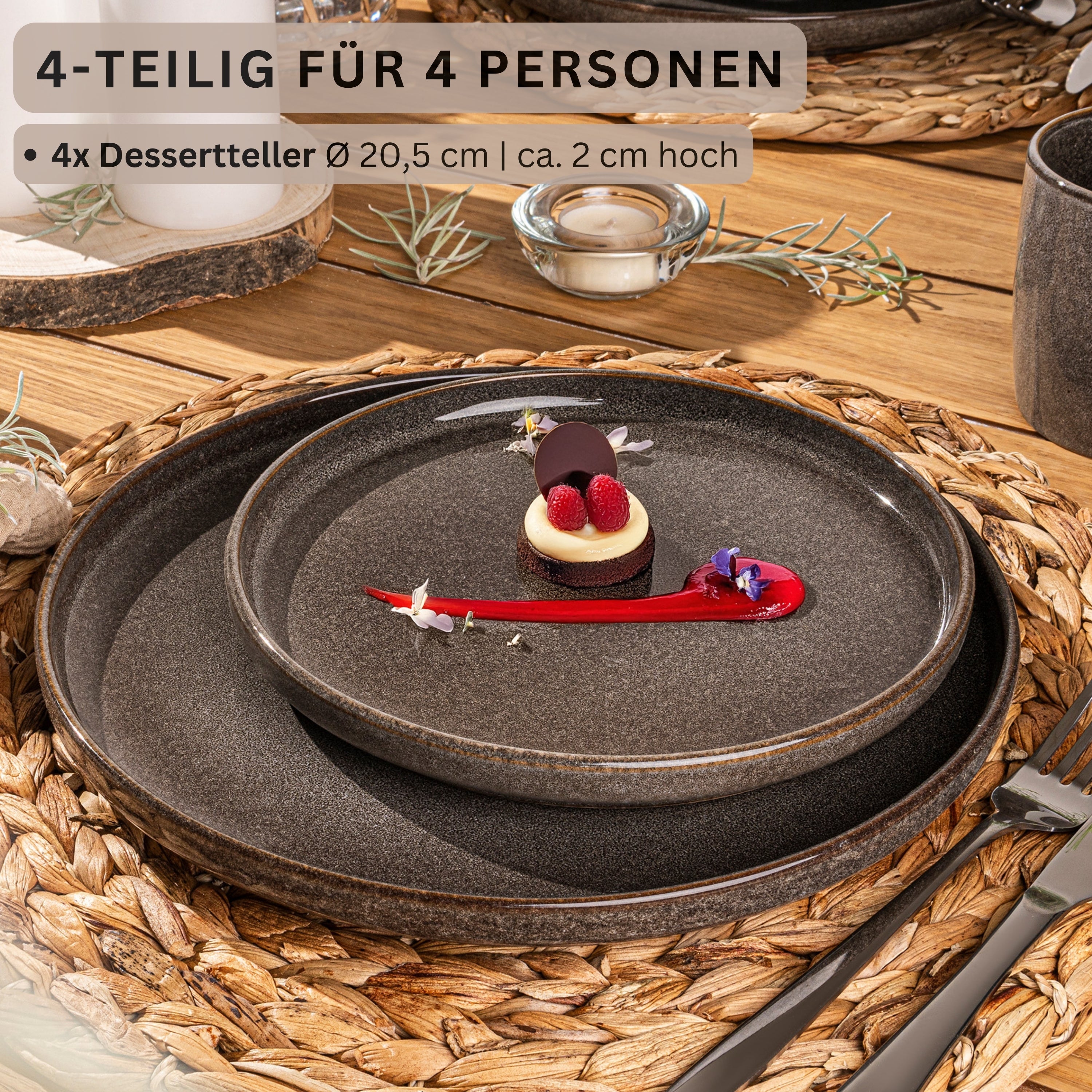 SÄNGER Dessertteller Set Kairo Graphit - 4 teilig aus Steingut