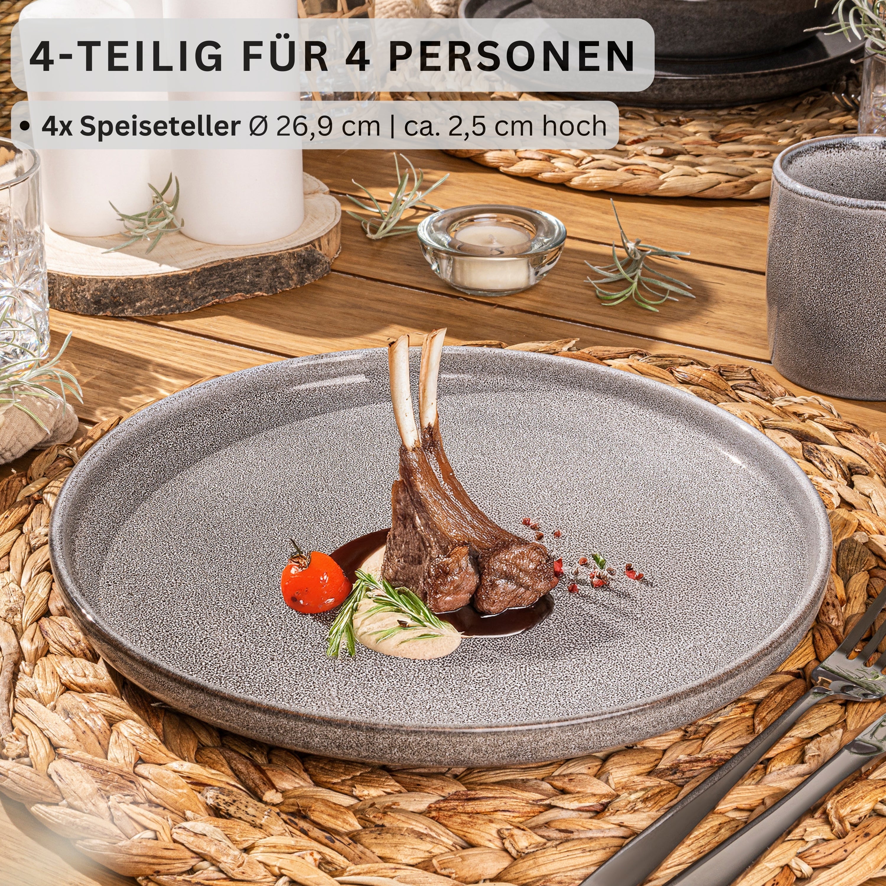 SÄNGER Speiseteller Set Kairo Mondgrau - 4 teilig aus Steingut