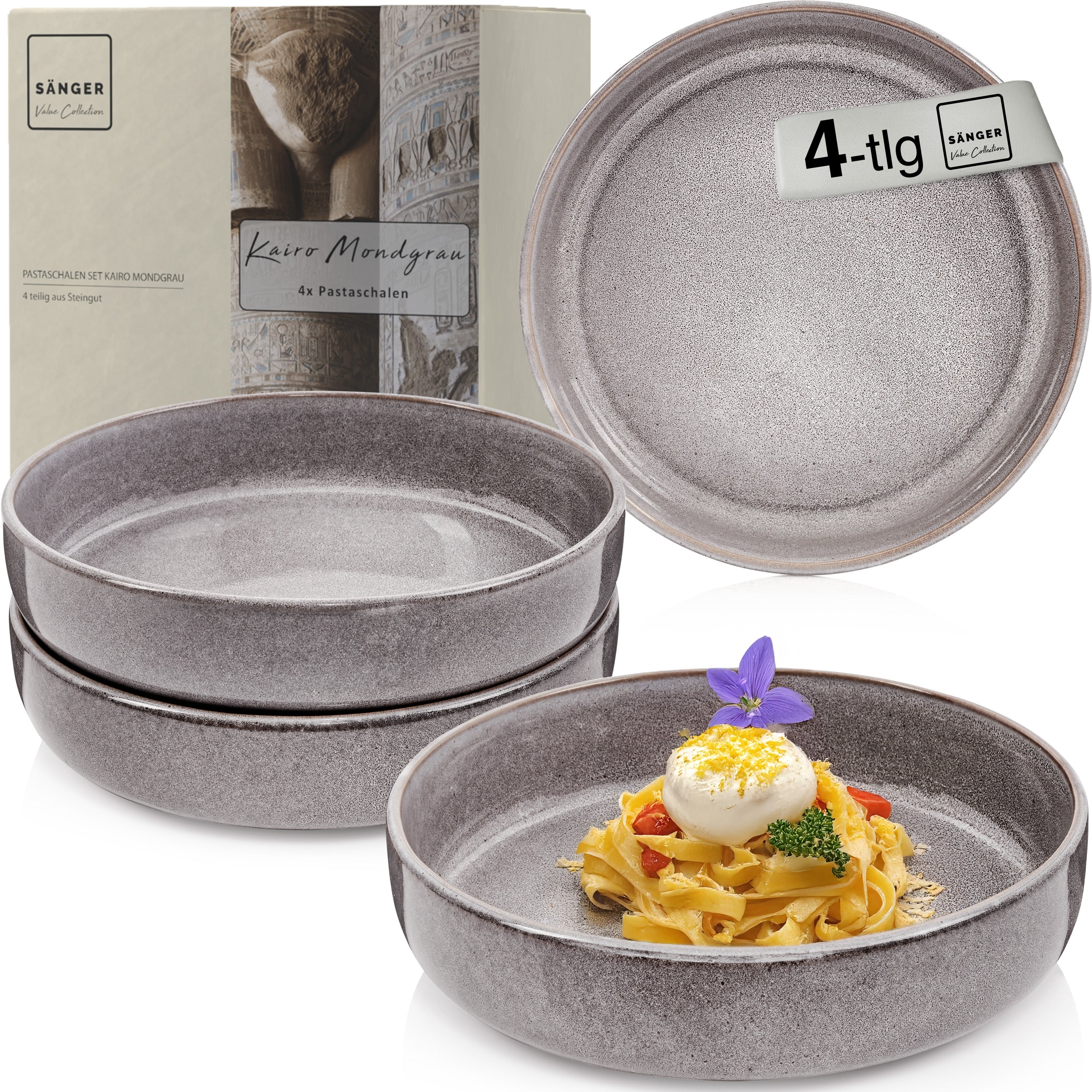 SÄNGER Pastaschalen Set Kairo Mondgrau - 4 teilig aus Steingut