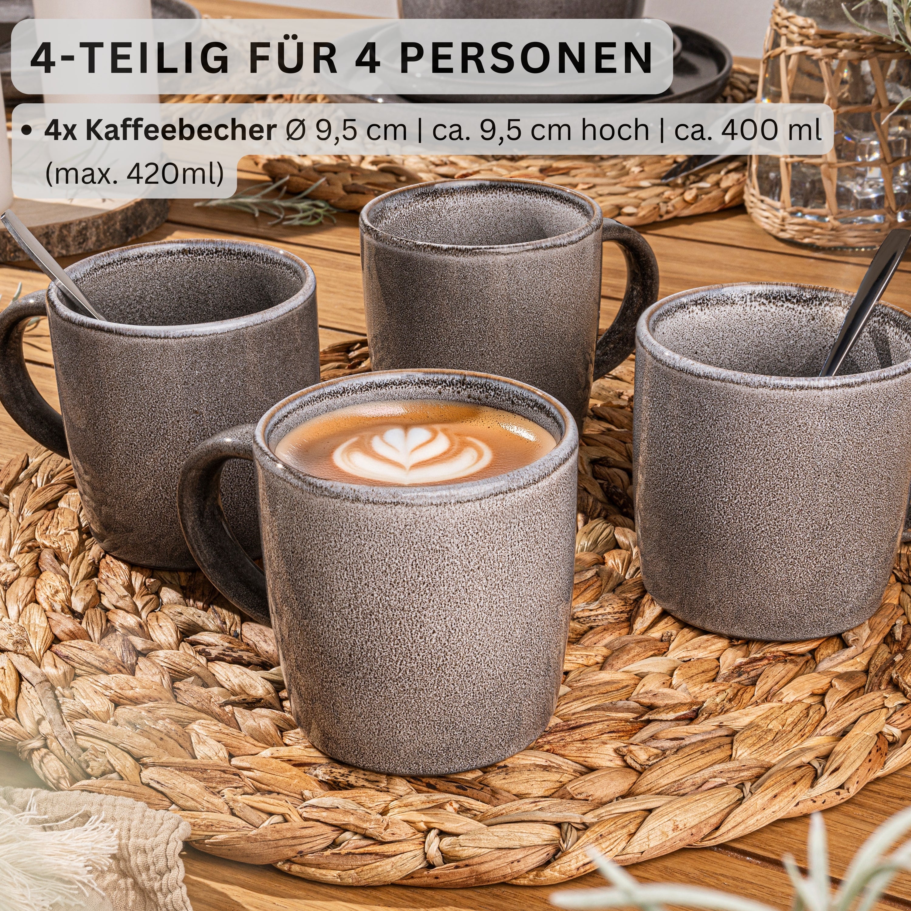 SÄNGER Kaffeebecher Set Kairo Mondgrau - 4 teilig aus Steingut