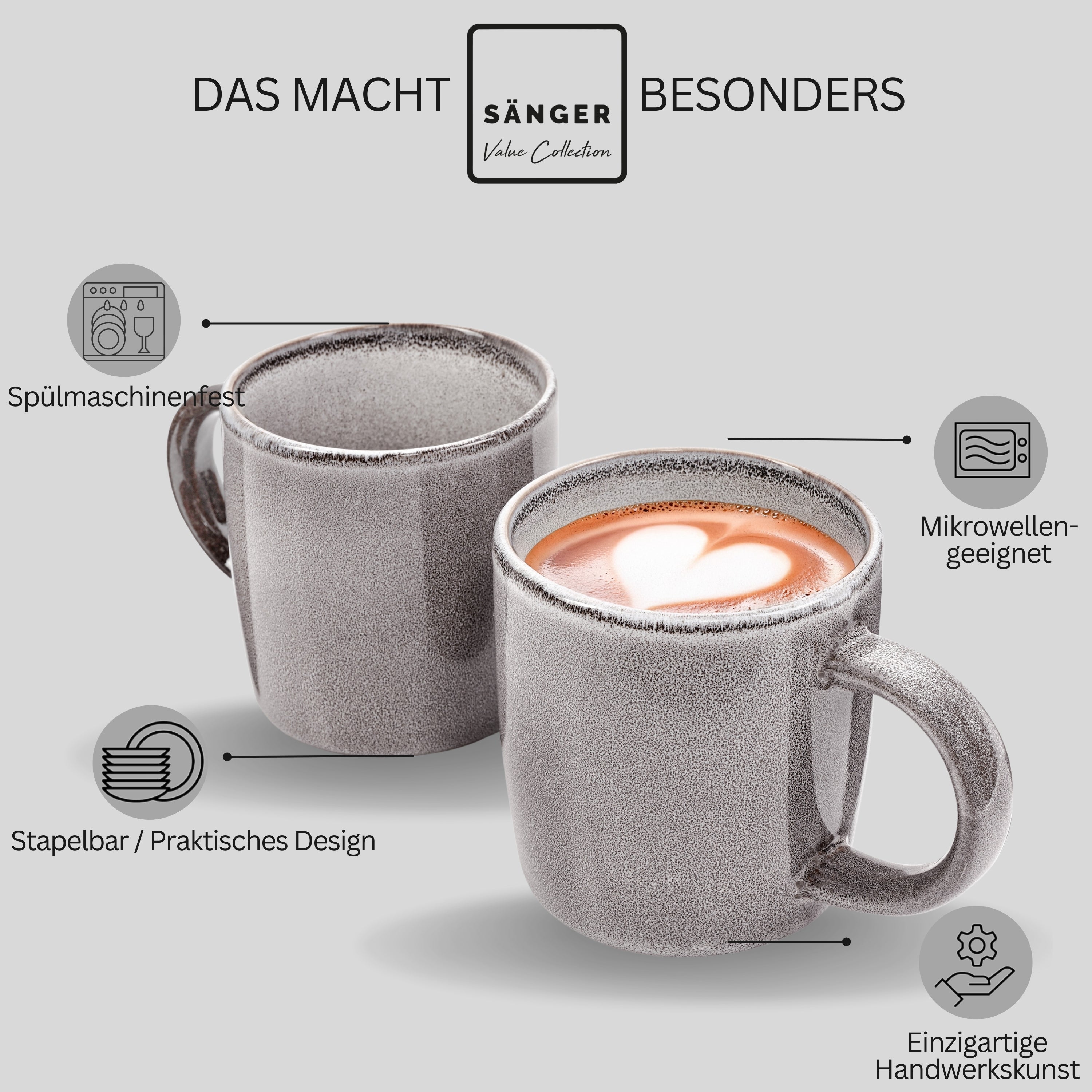 SÄNGER Kaffeebecher Set Kairo Mondgrau - 4 teilig aus Steingut