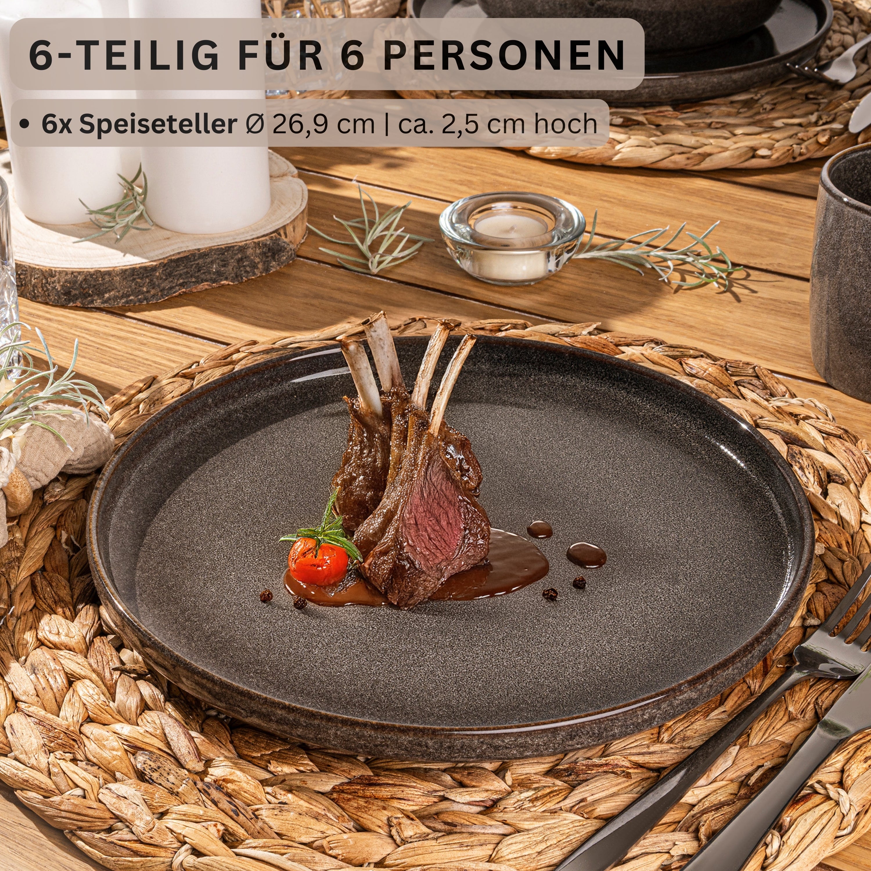 SÄNGER Speiseteller Set Kairo Graphit - 6 teilig aus Steingut