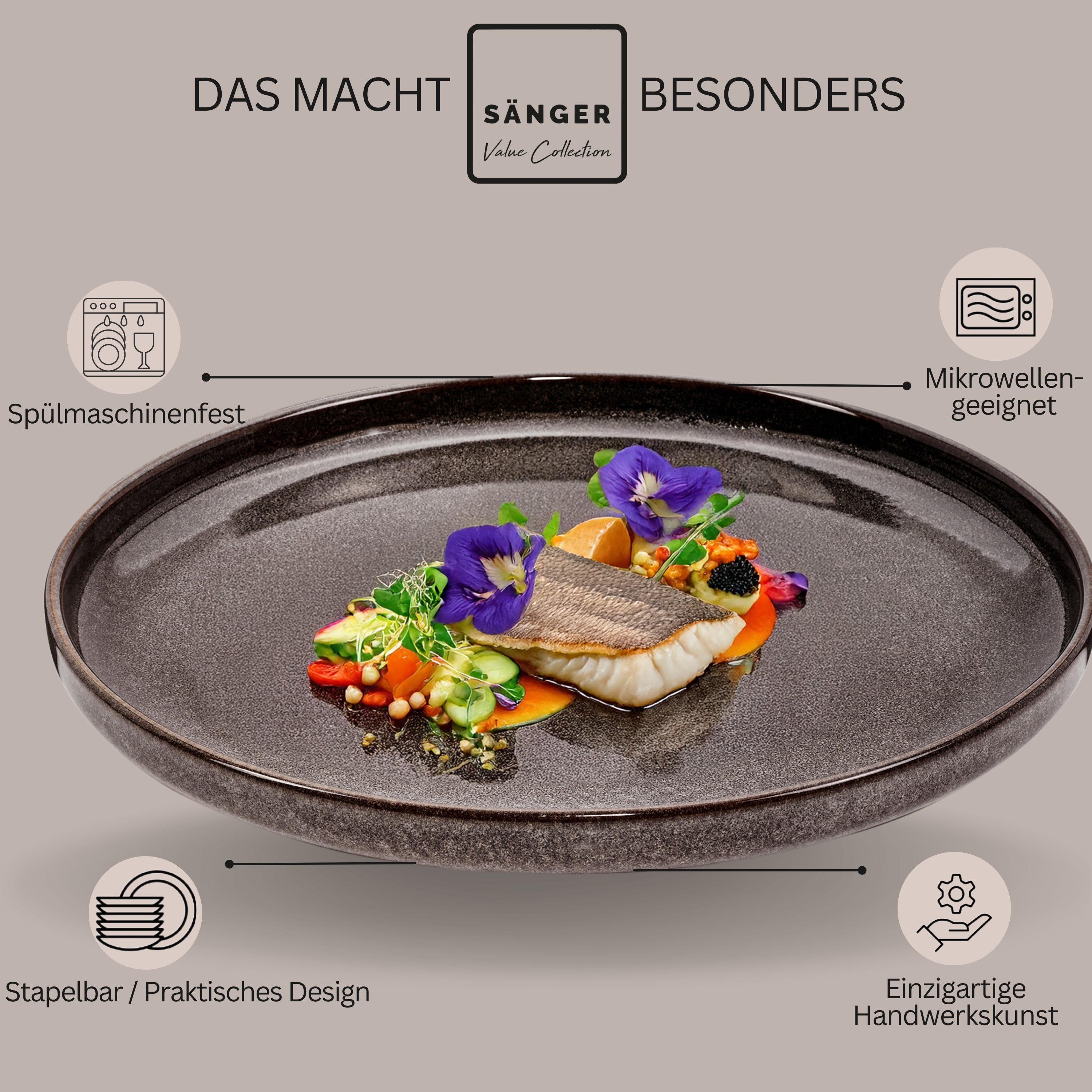 SÄNGER Speiseteller Set Kairo Graphit - 6 teilig aus Steingut
