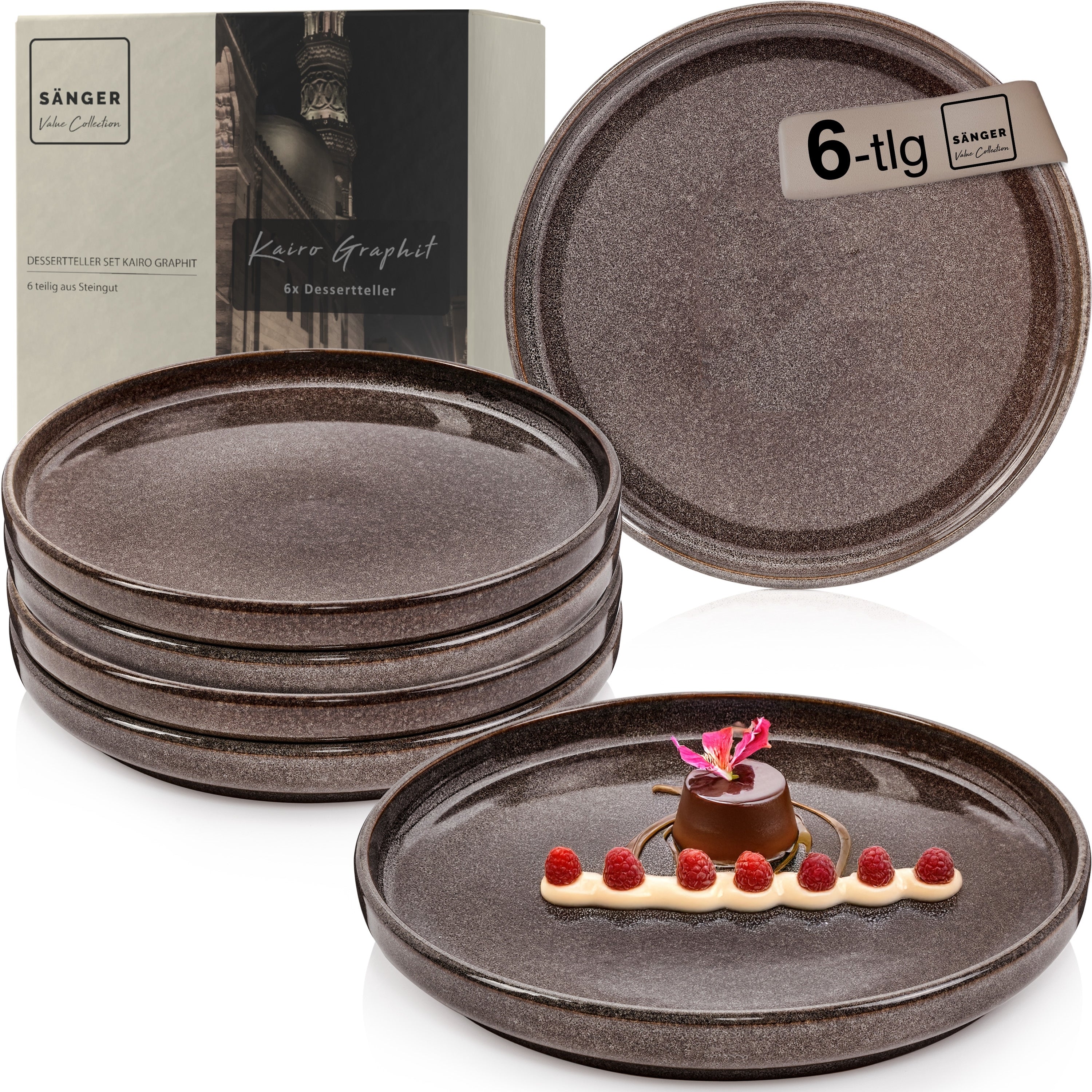 SÄNGER Dessertteller Set Kairo Graphit - 6 teilig aus Steingut