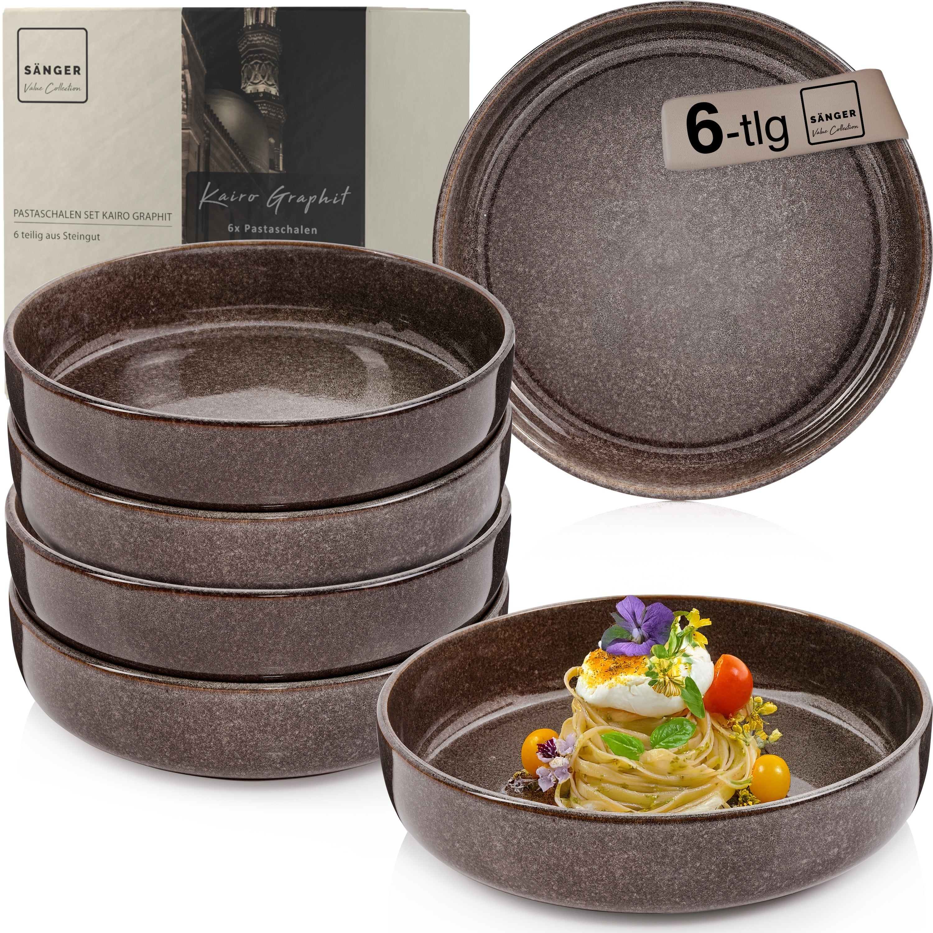 SÄNGER Pastaschalen Set Kairo Graphit - 6 teilig aus Steingut