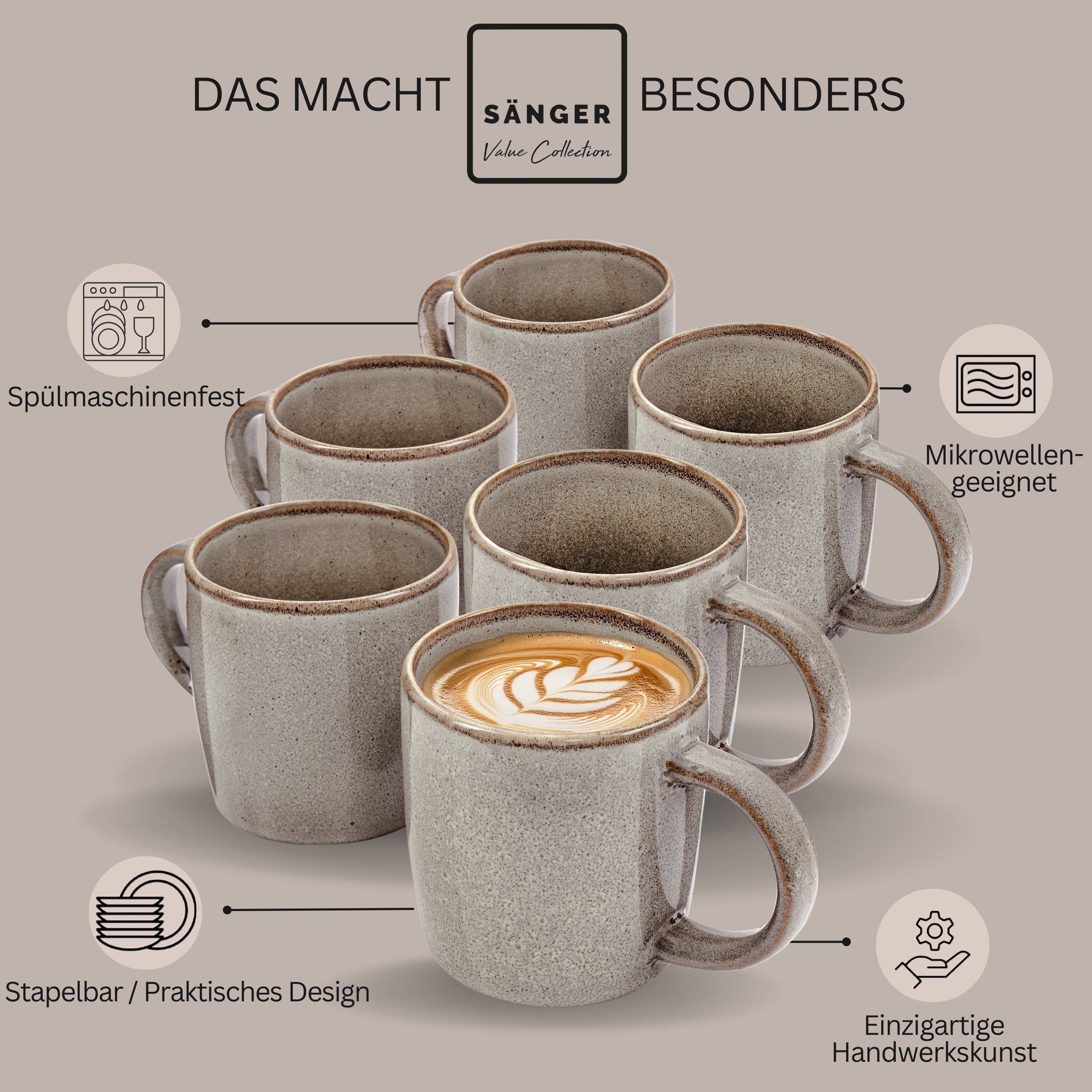 SÄNGER Kaffeebecher Set Kairo Graphit - 6 teilig aus Steingut