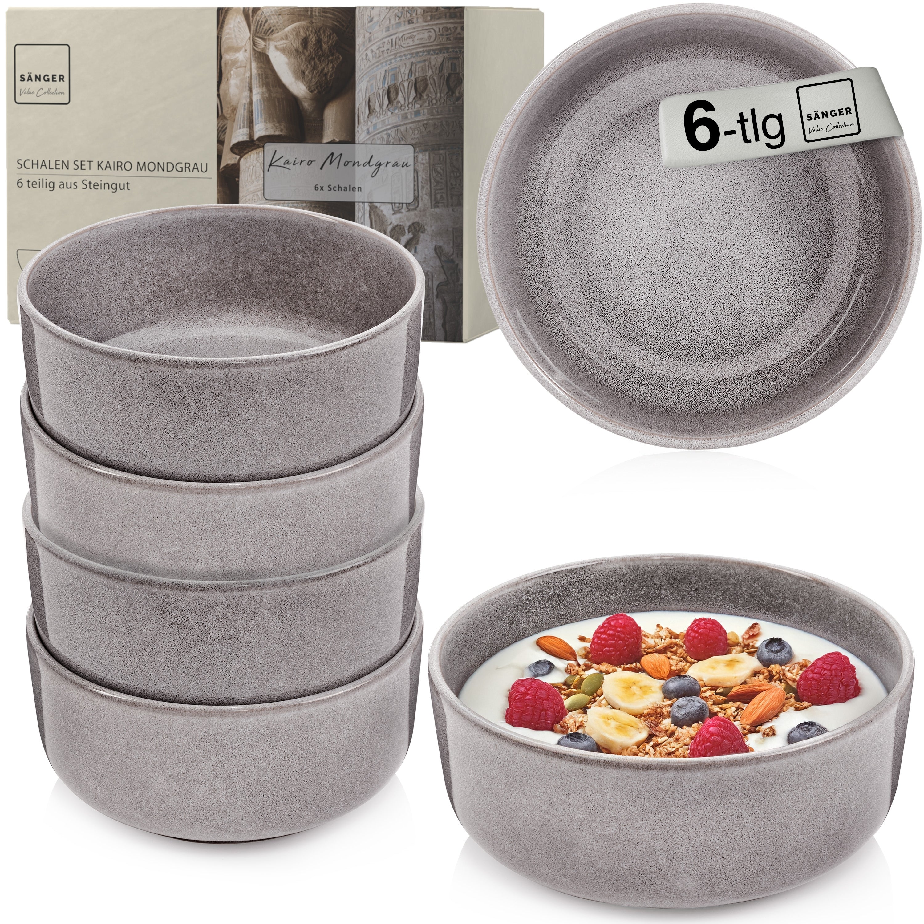 SÄNGER Schalen Set Kairo Mondgrau - 6 teilig aus Steingut