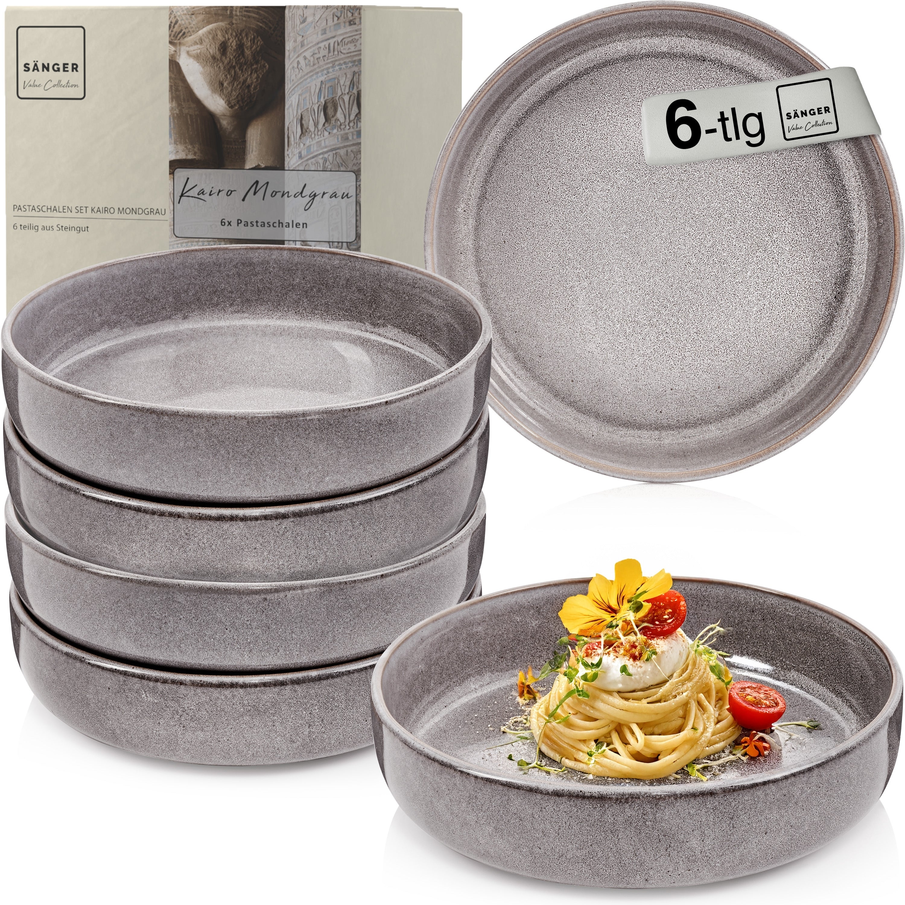 SÄNGER Pastaschalen Set Kairo Mondgrau - 6 teilig aus Steingut