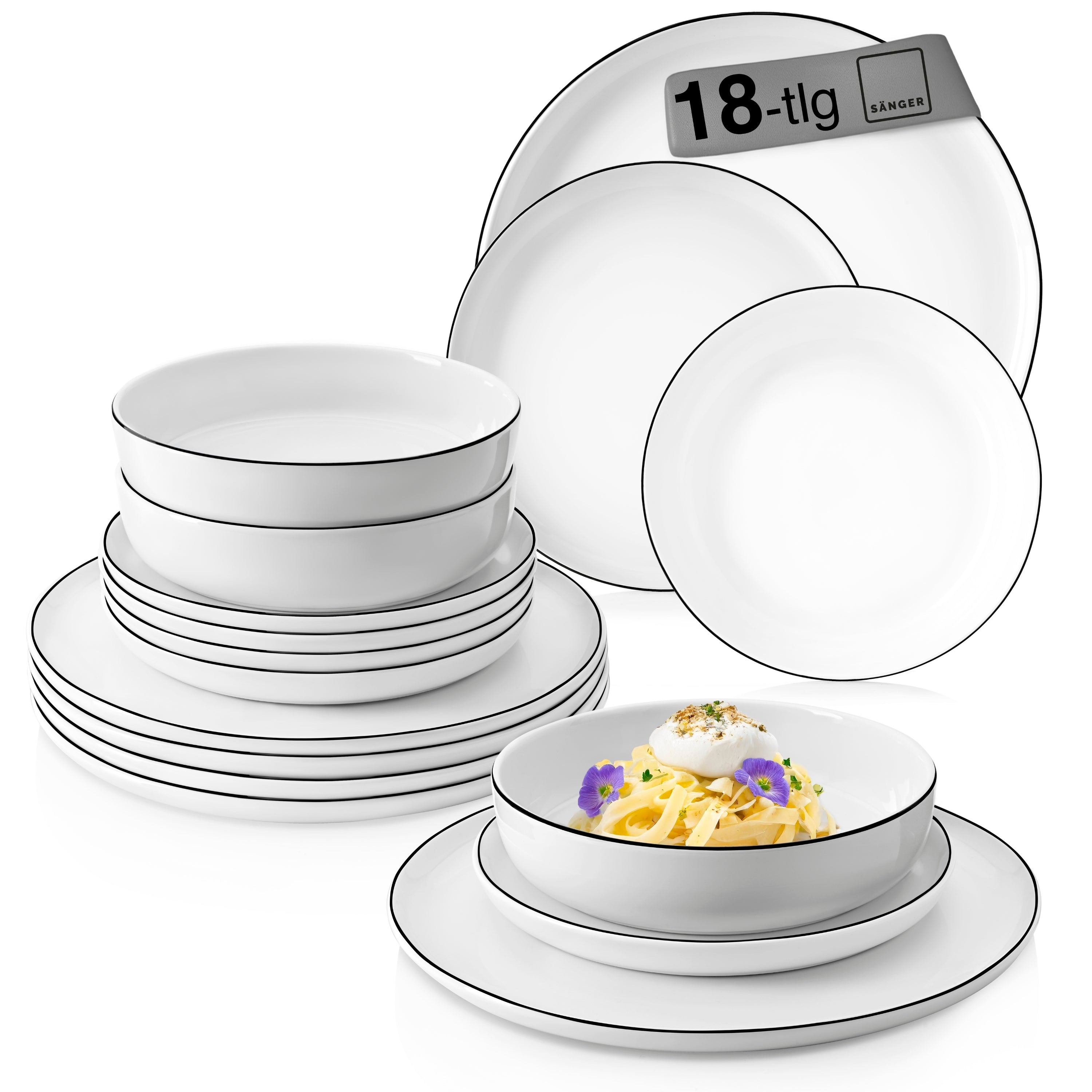 SÄNGER Porzellan Geschirrset Marlo Black Rim 18-teilig für 6 Personen