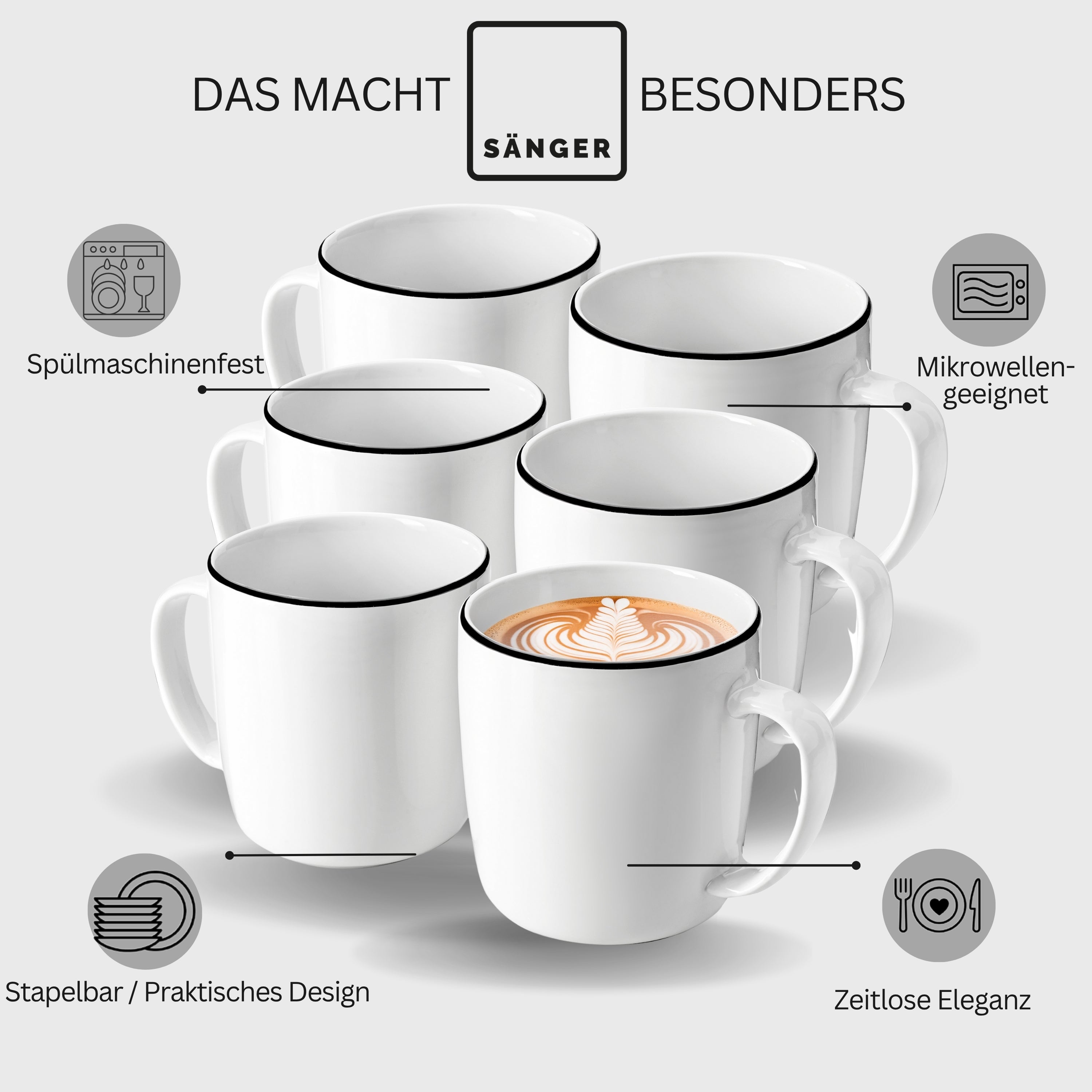 SÄNGER Porzellan Kaffeebecher Marlo Black Rim 6-teilig - NEU