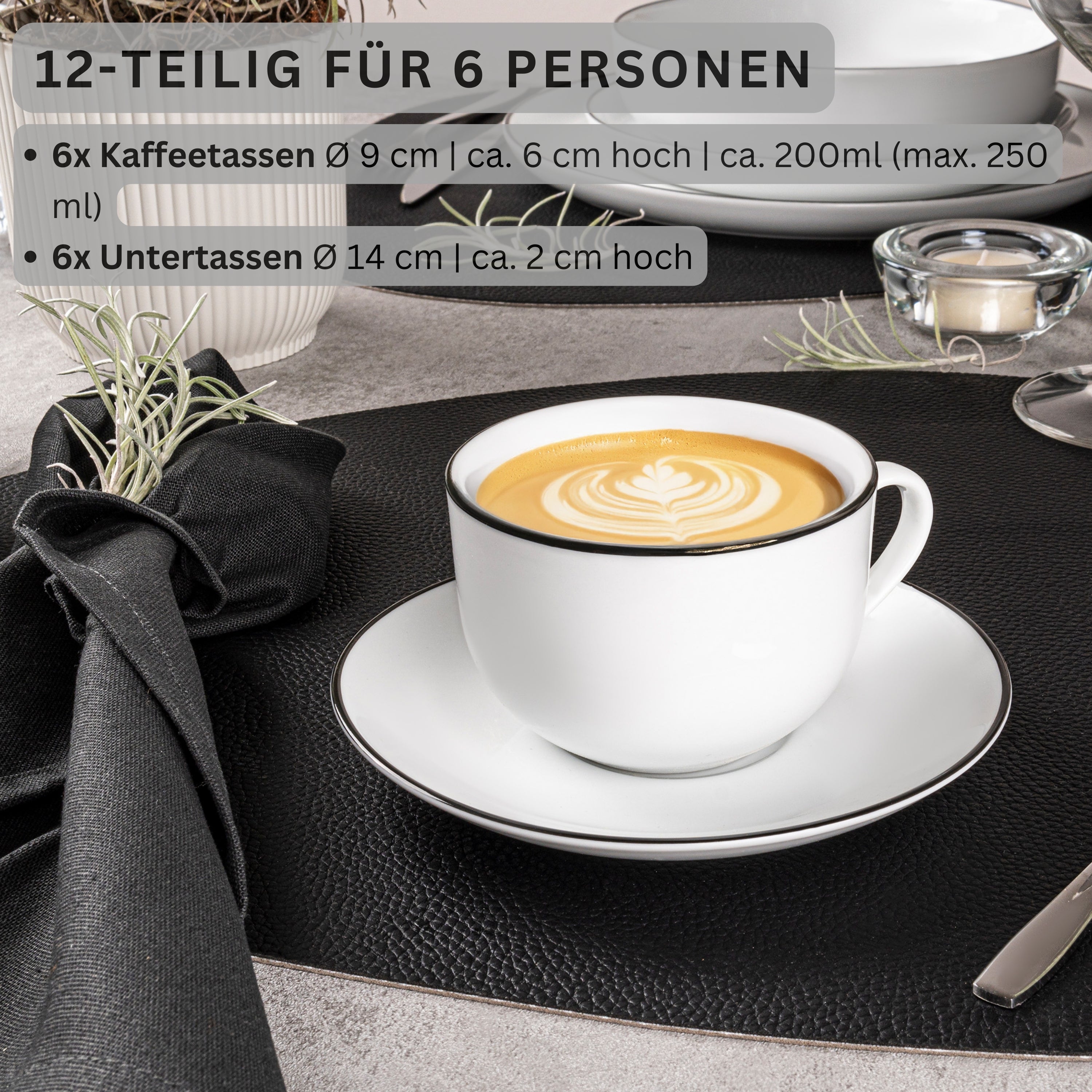 SÄNGER Porzellan Kaffeetassen Set Marlo Black Rim Limited Edition 12-teilig für 6 Personen