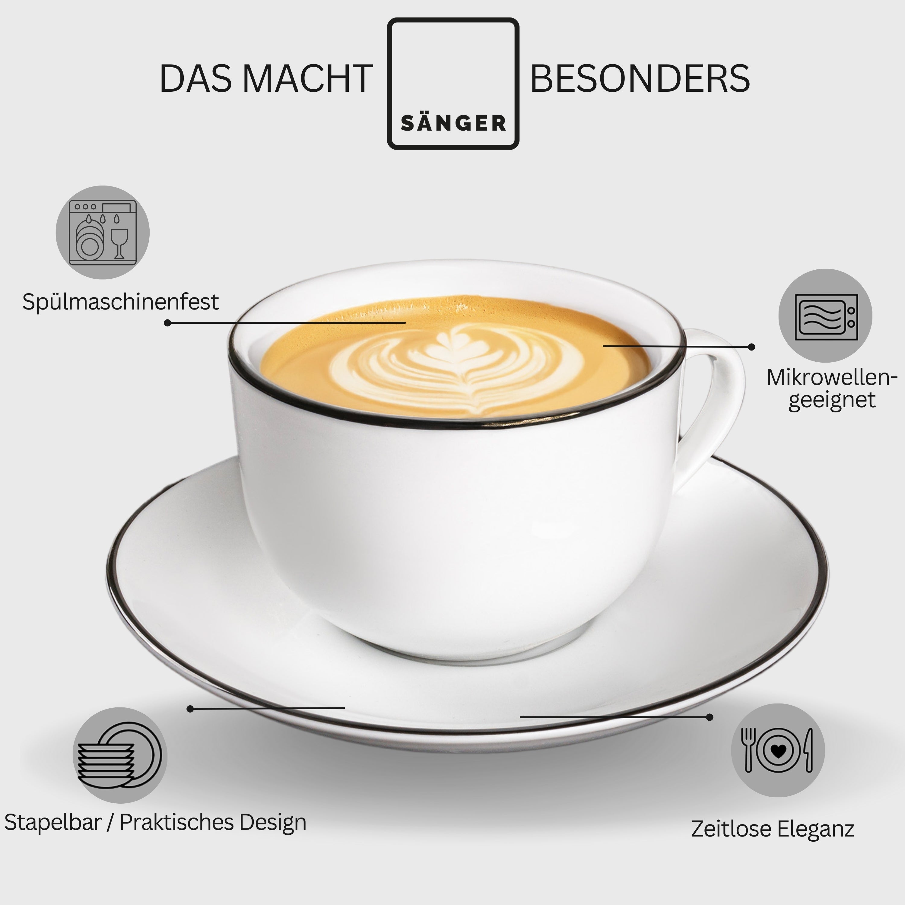 SÄNGER Porzellan Kaffeetassen Set Marlo Black Rim Limited Edition 12-teilig für 6 Personen